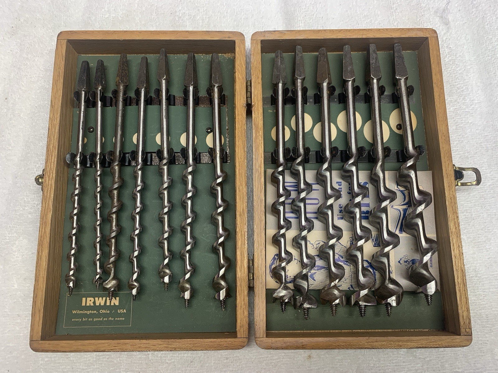 Vintage Irwin Complete 13 pc Set Auger Brace Bits USA With Original Wood Box