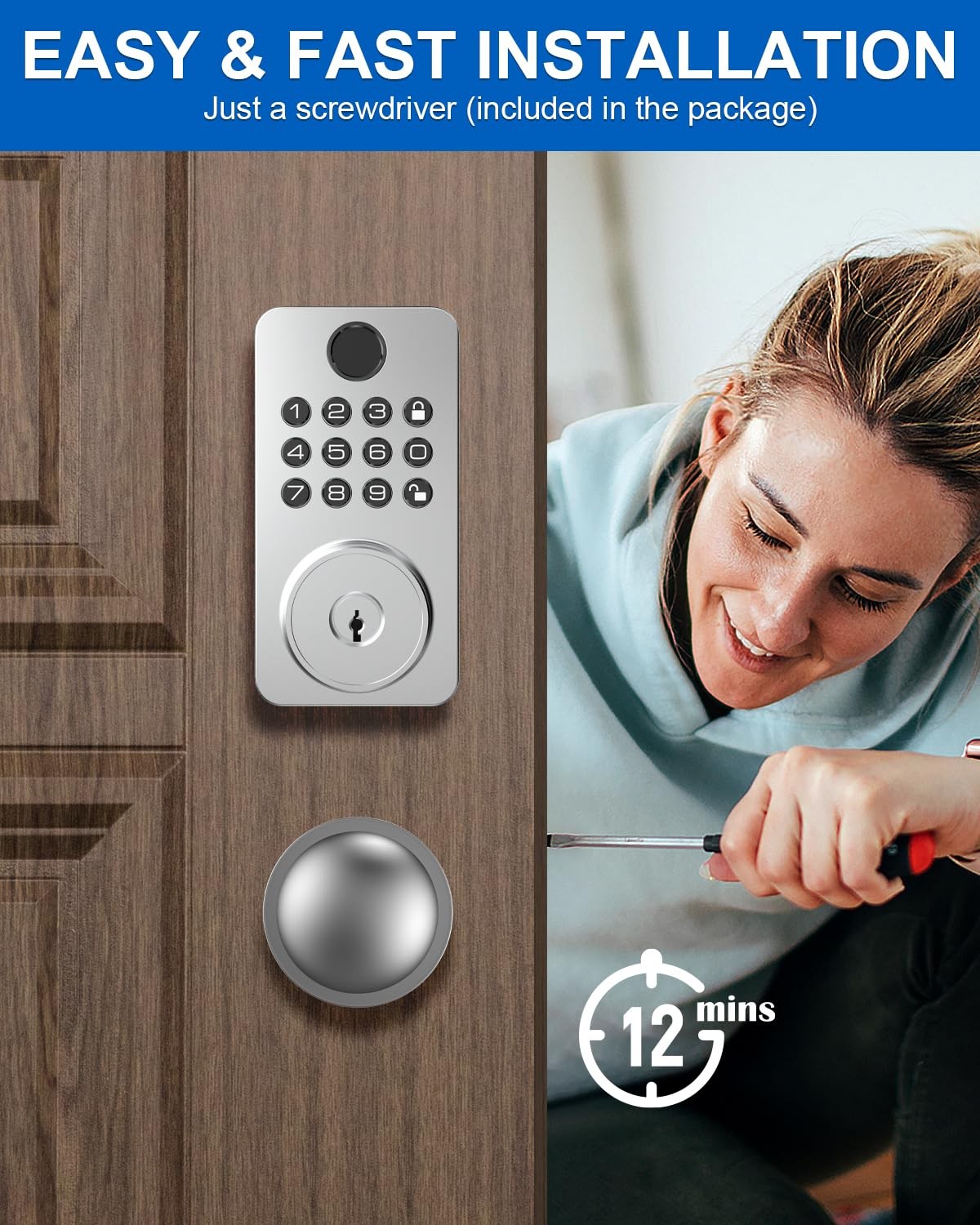 Fingerprint Door Lock Deadbolt with Handle Set – Smart Keyless Entry Silvery