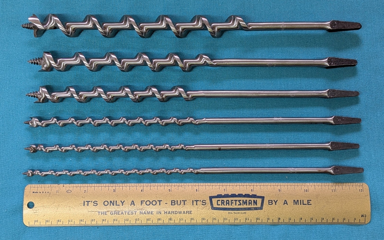 6- HICRAFT Bit Brace Augers Nos. 4-5-6-10-12-14 EXTRA LONG 12″ Greenfield, Ohio