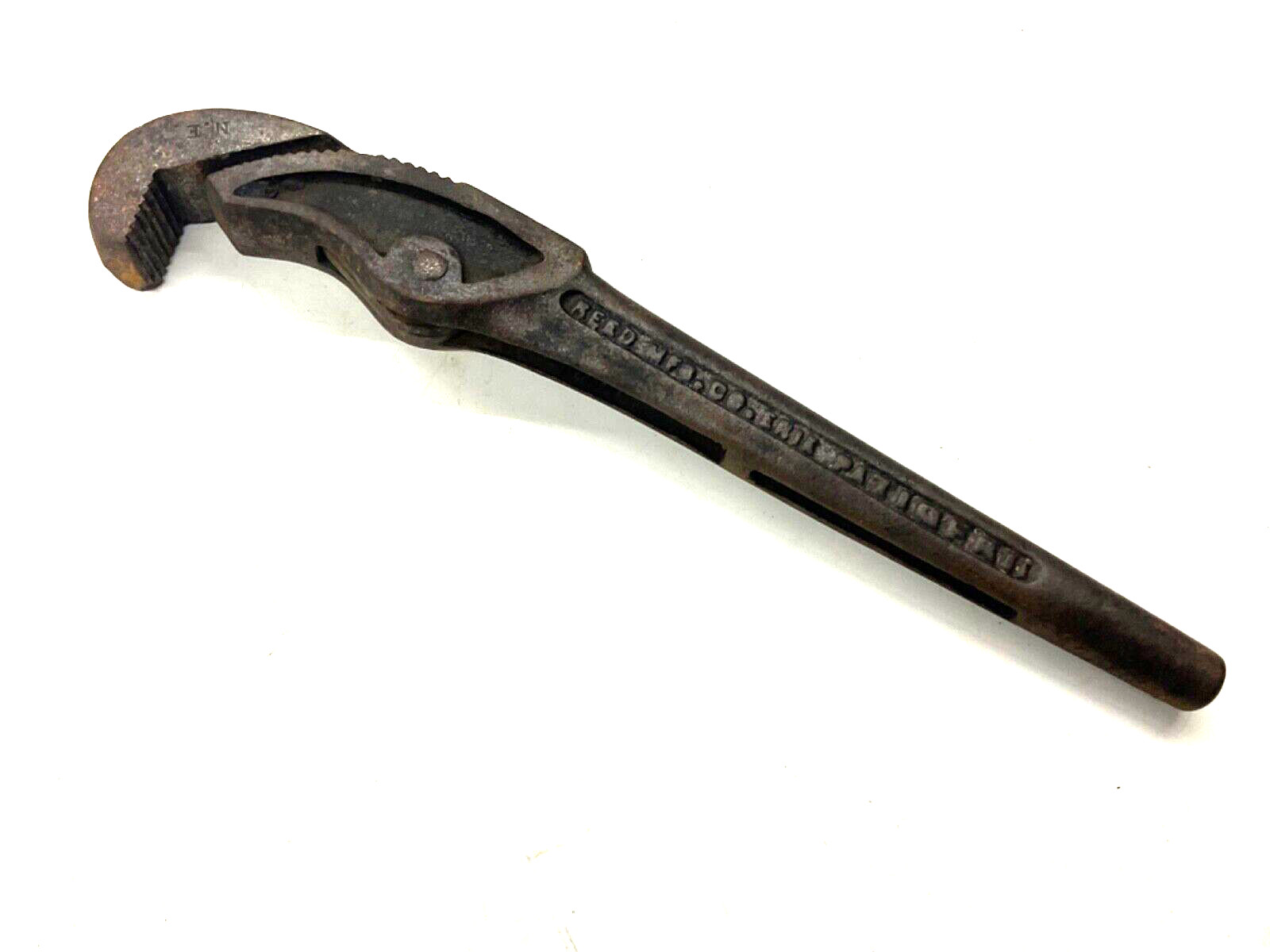 VINTAGE REED MFG. 11” SPRING JAW PIPE WRENCH, SELF-ADJUSTING, 1897 PATENT