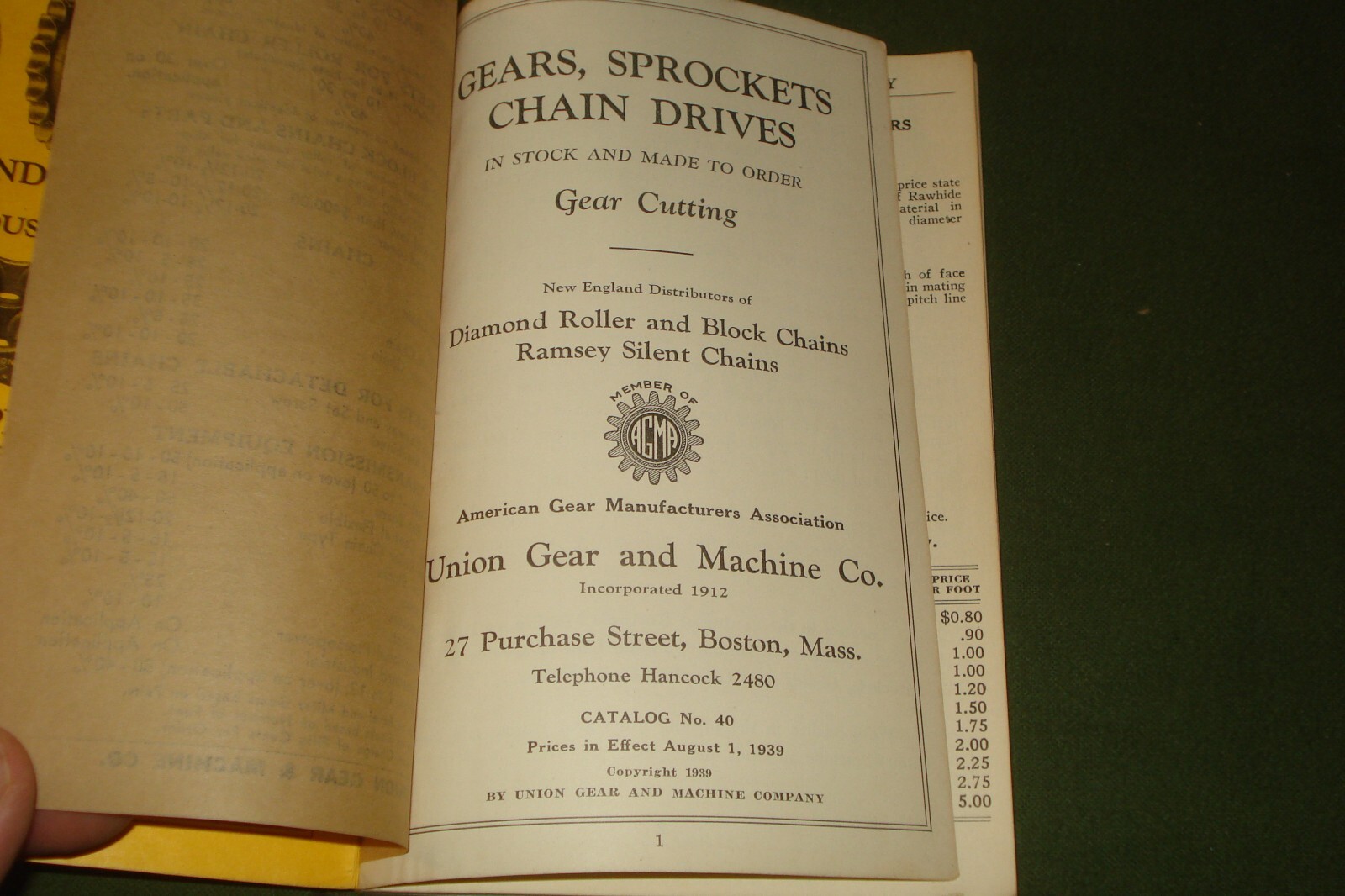 Gears Sprockets Chains. Union Gear & Machine Catalog 1940. Boston, Mass.