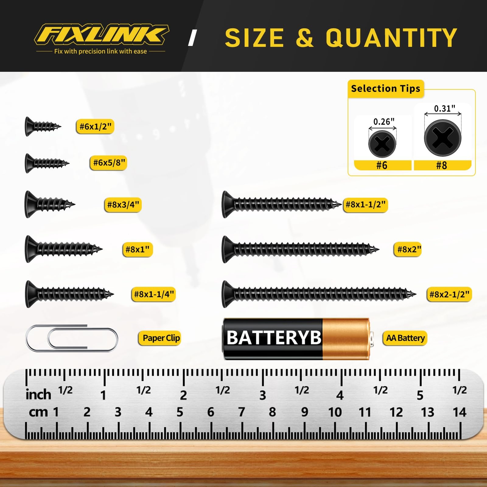 Wood Screws 5/8 Inch, 100 PCS FIXLINK Premium Flat Head #6 x 5/8″, Black