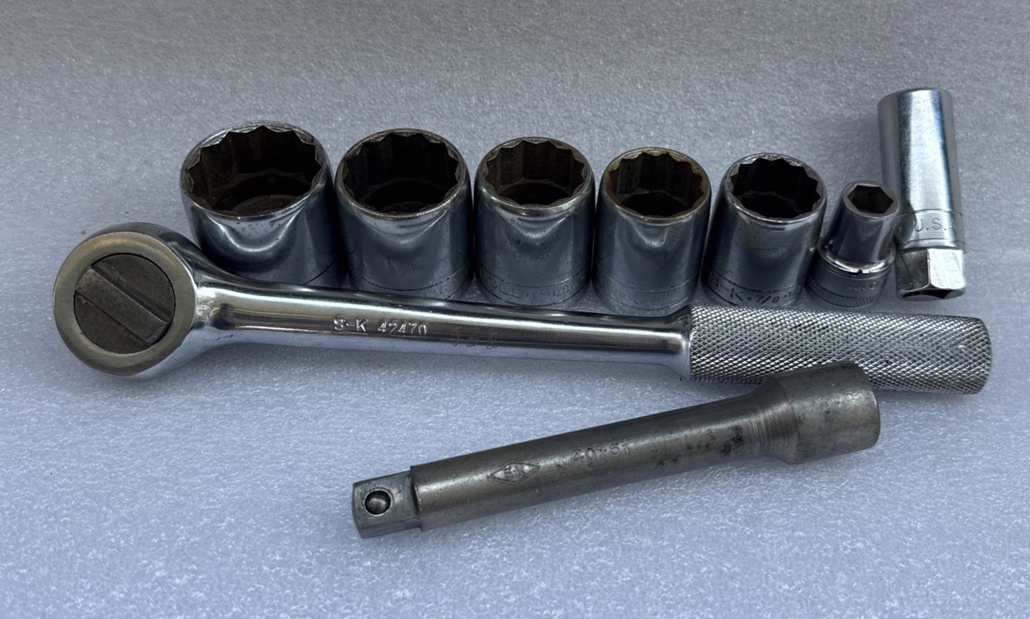 Vintage S-K S&K 1/2” Ratchet, Extensions, 1” Sockets And Lower – Mixed