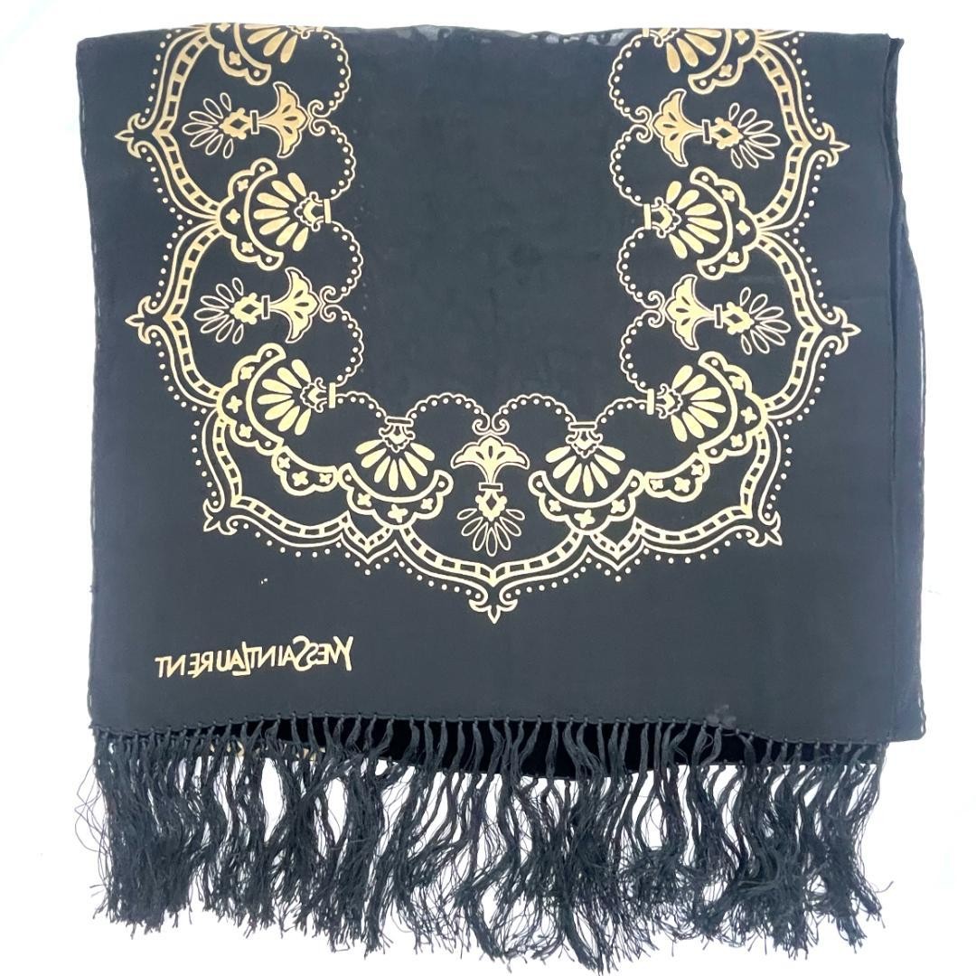 Yves Saint Laurent Scarf Velvet Fringe 190cm x 51cm Black Beige Used