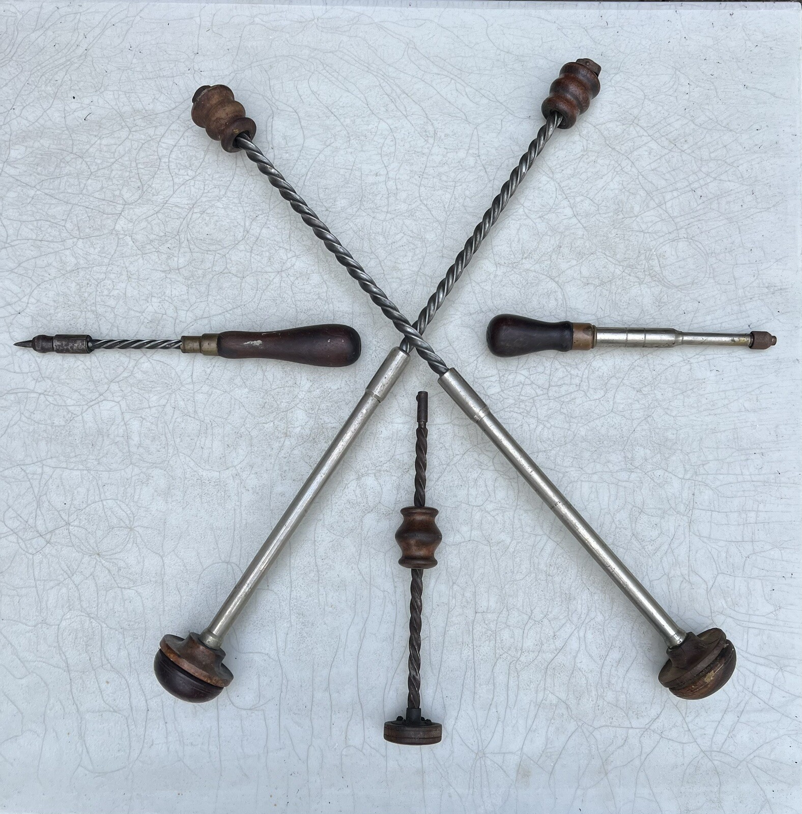 Lot of antique Archimedes drills & spring loaded drill/screwdriver. A. H. Reid