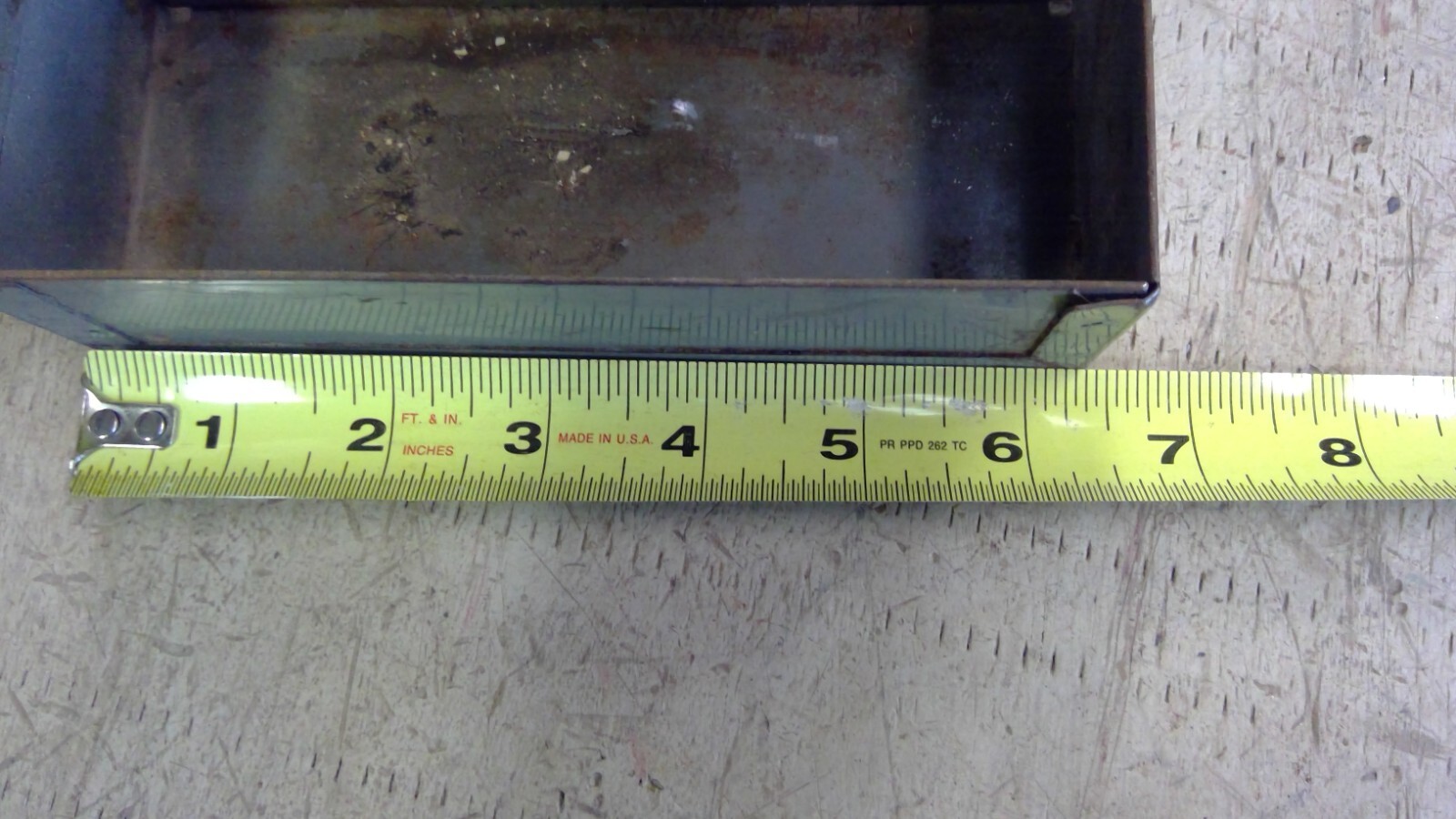 Vintage tool box tray 15 1/8″ x 6 3/8″ x 3″ tall at handle, 1 3/4″ sides