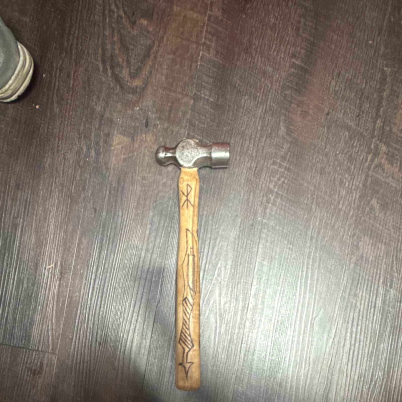 Vintage Ball Peen Hammer with Carved Engraved Wooden Handle and Metal Head
