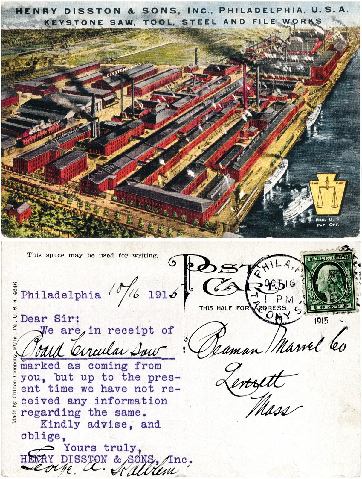 Henry Disston & Sons – Ca. 1915 Color Postcard – Keystone Works – mjdtoolparts