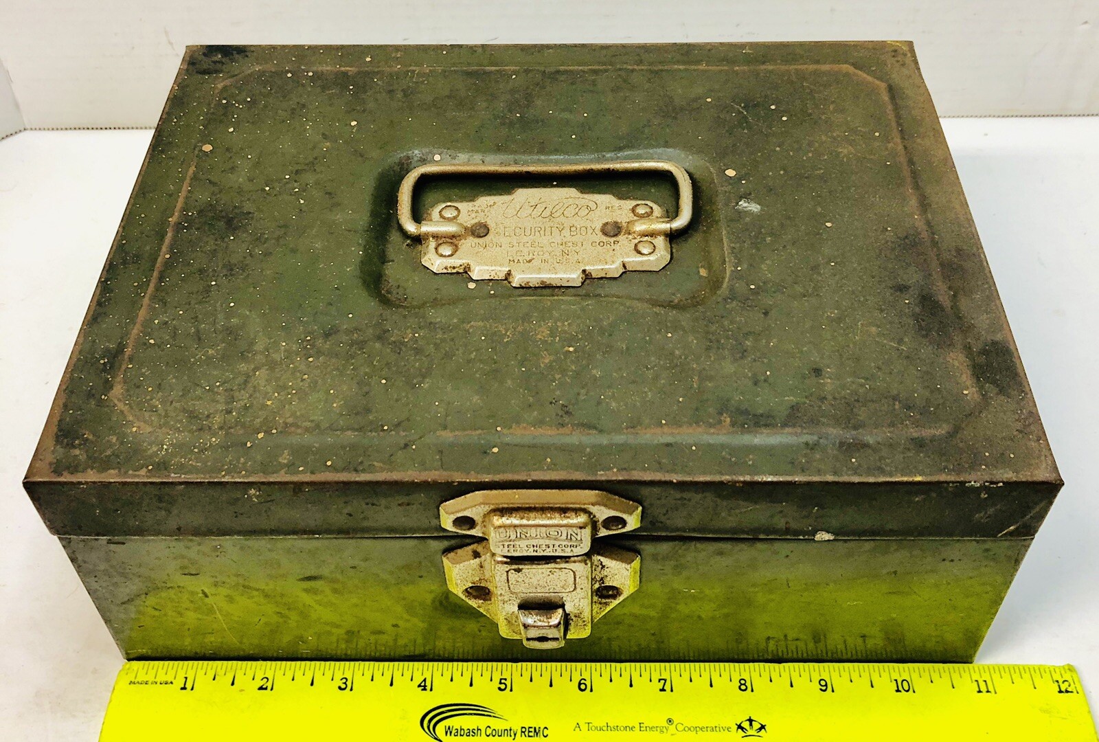 Vtg UTILCO Union Steel Chest Corp L.E. Roy NY Green Metal Security Box *No Key