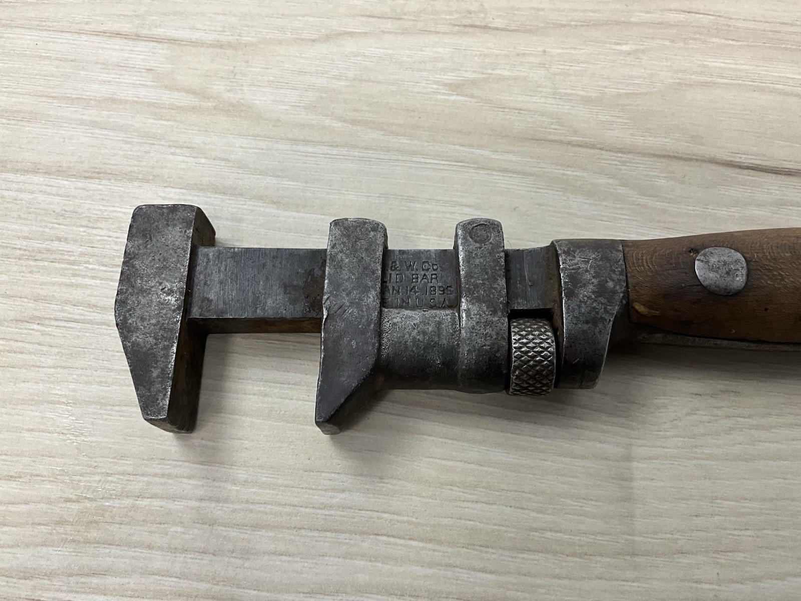 Antique PS&W Pipe Wrench 1895 Patent Wood Handle Peck Stow Wilcox USA