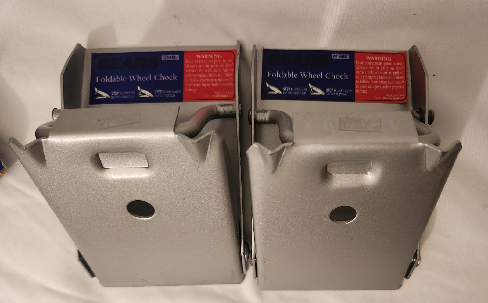 SEARS VINTAGE FOLDABLE WHEEL CHOCKS METAL 2 IN BOX BRAND NEW