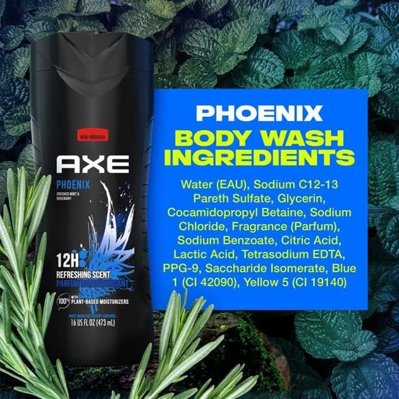 AXE Crushed Mint & Rosemary Body Wash Phoenix 4 Count 12H Refreshing Scent Men’S