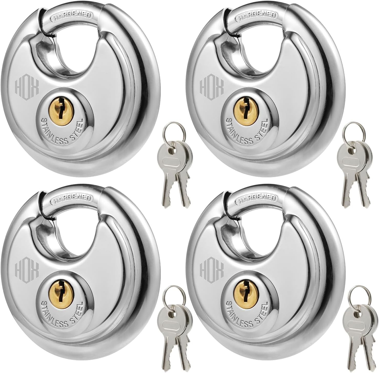 HOX Keyed Disc Padlock, Stainless Steel Keyed-Alike Padlocks, 4-Pack Heavy Duty
