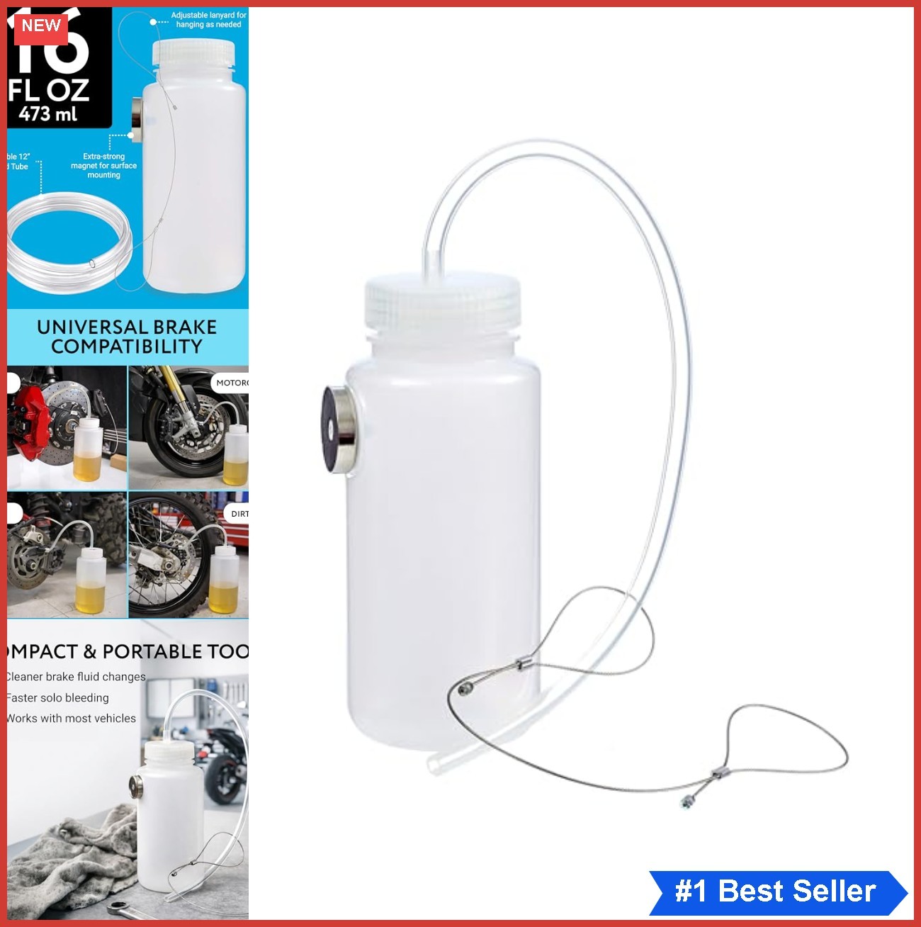 Brake Bleeder Kit 16 Oz Magnetic Bottle with Lanyard 12 Inch Hose One Person