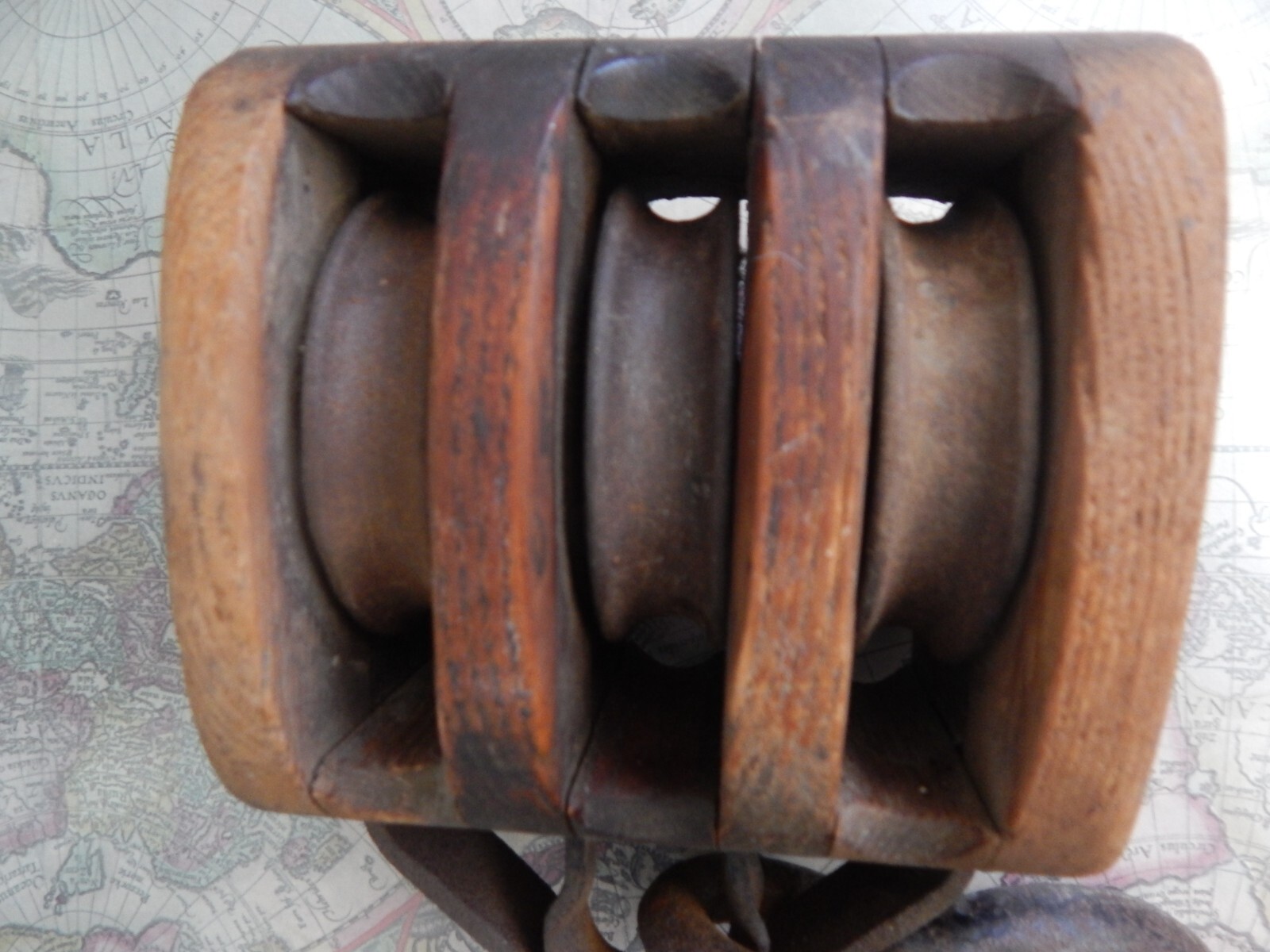 Antique 3 Wheel Nautical, Barn Pulley, Early American Wooden Sheave, Iron Hook