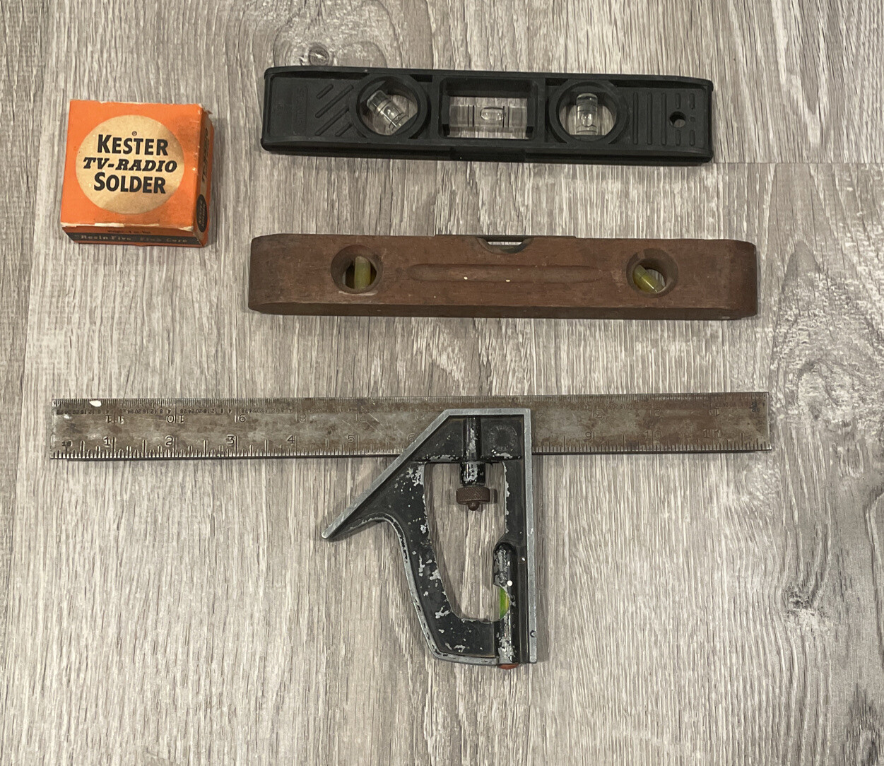 Lot of vintage tools- True craft square, Stevens & Stanley level, Kester Solder