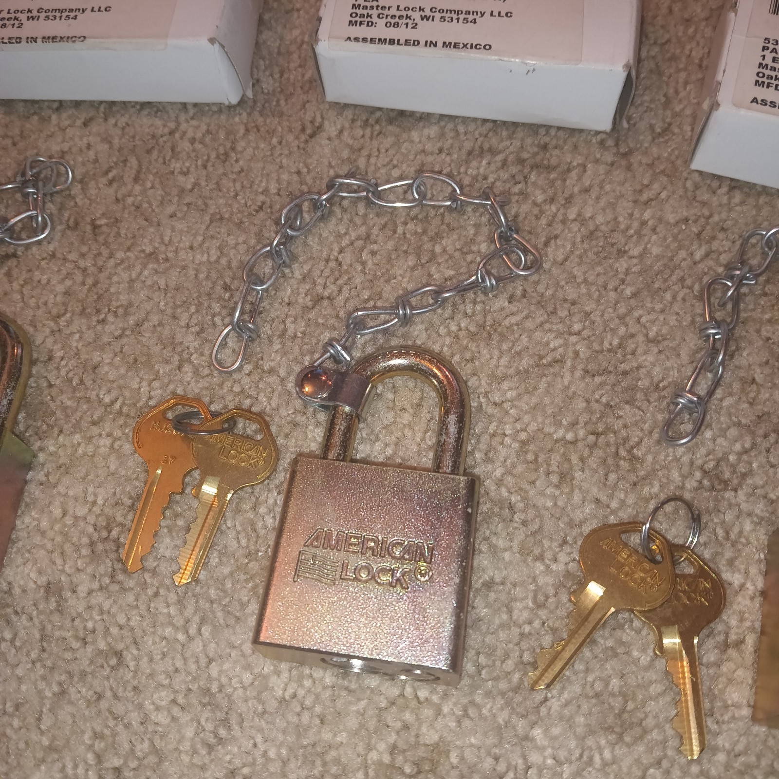 New Lot Of (3) American Lock Co Padlock Series 5200 With 2 Keys, Chain & Boxes
