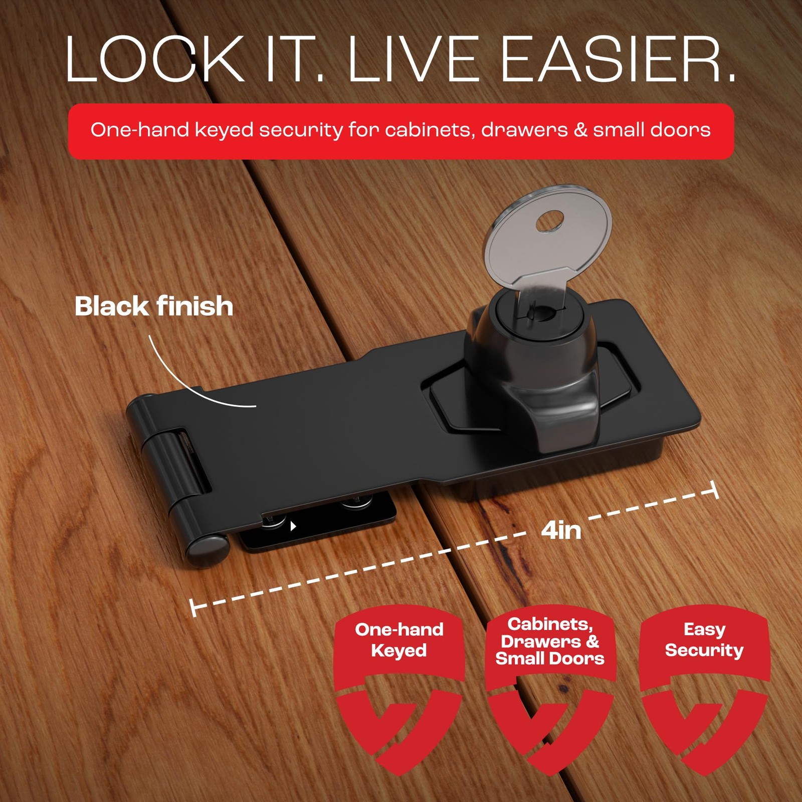 Primeware Keyed Twist-Knob Hasp Latch, Complete Kit with Keys & 4 Inch, Black