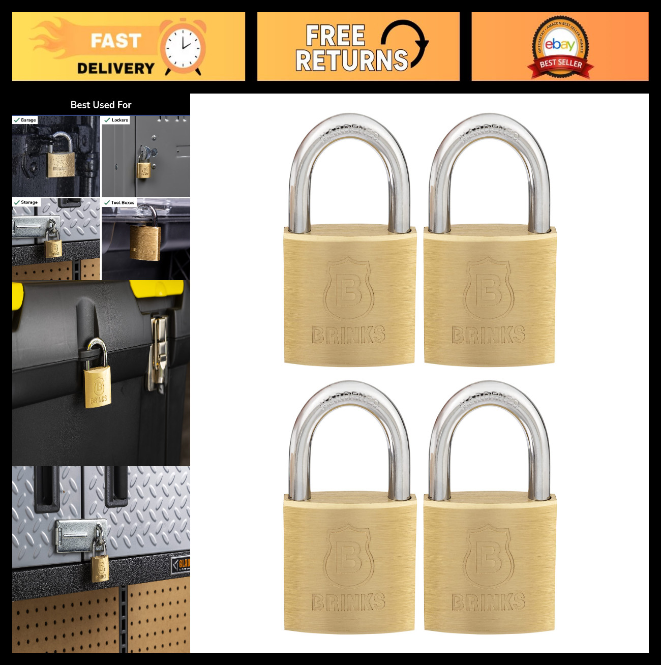 40mm Solid Brass Keyed Padlock 4-Pack, Chrome Plated, Hardened Steel Shackle, 7/