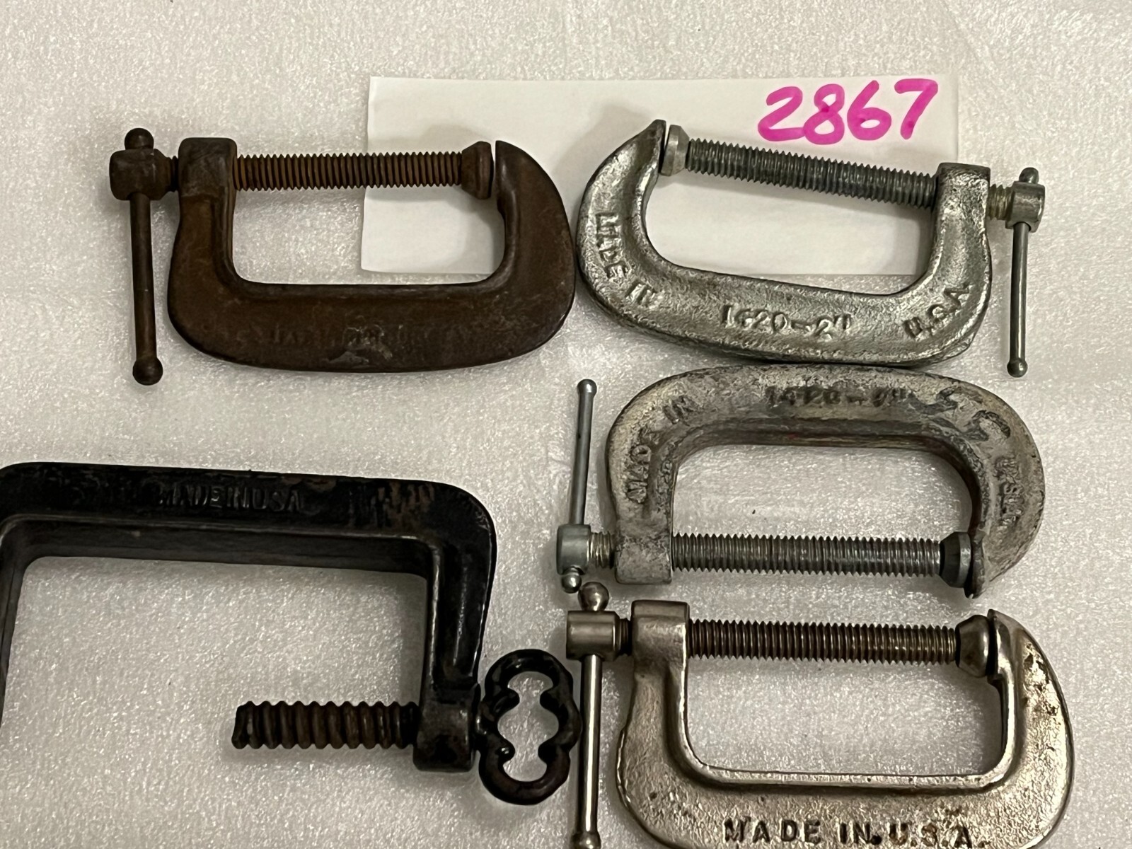 5 Vtg Primitive Adjustable Clamps 3pc. 1420-2″, 1pc. 1-3/4″, 1pc.- 2-1/2″ U.S.A.