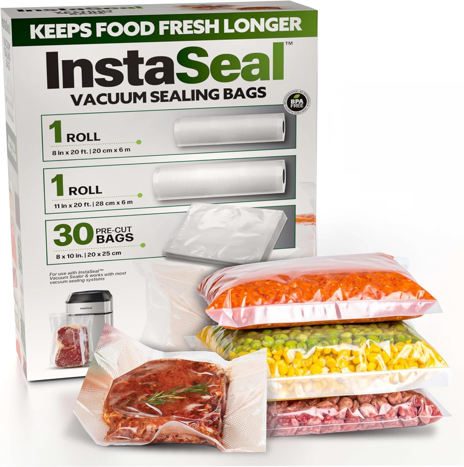 Instaseal Vacuum Sealer Bags for Food, 1 Roll 8″ X 20 Ft + 1 Roll 11″ X 20 Ft +