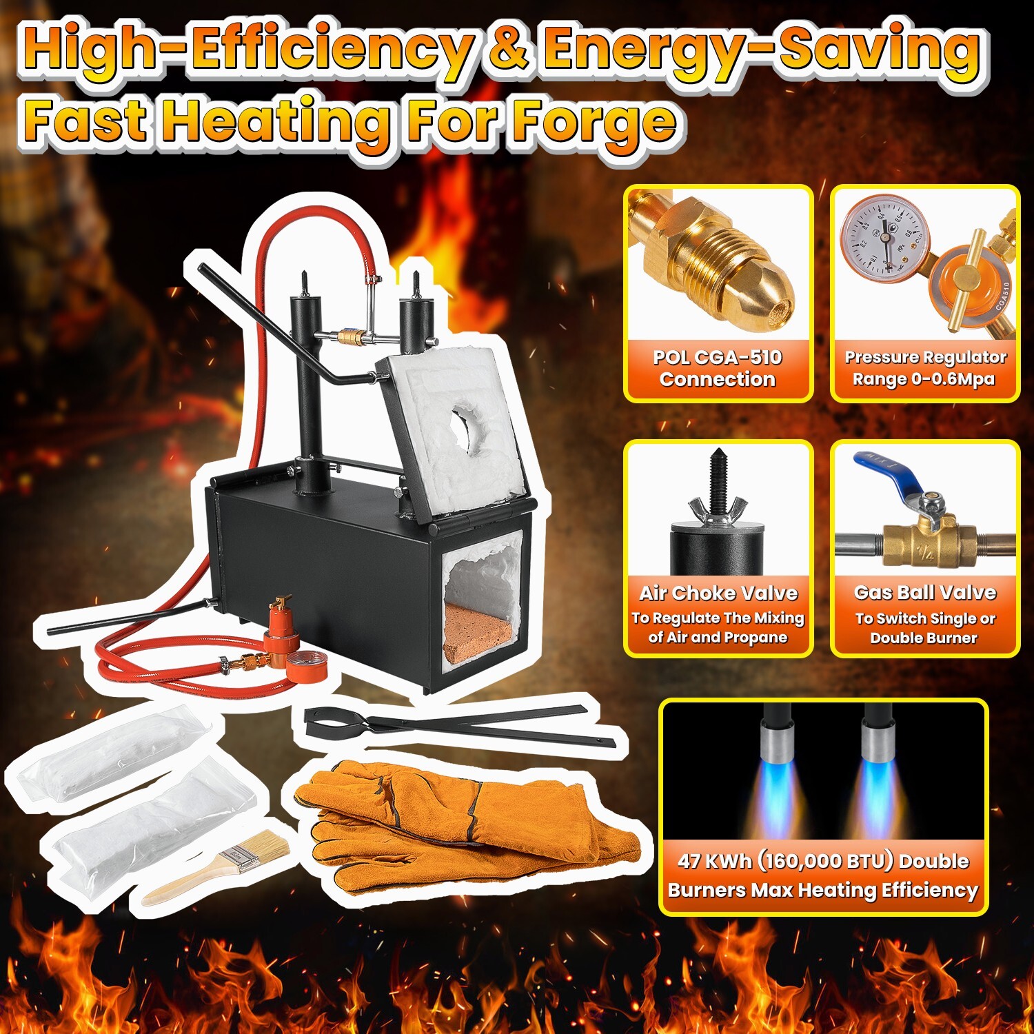 Gas Propane Forge Double Burner Furnace Blacksmithing Knife Tool Farrier Making