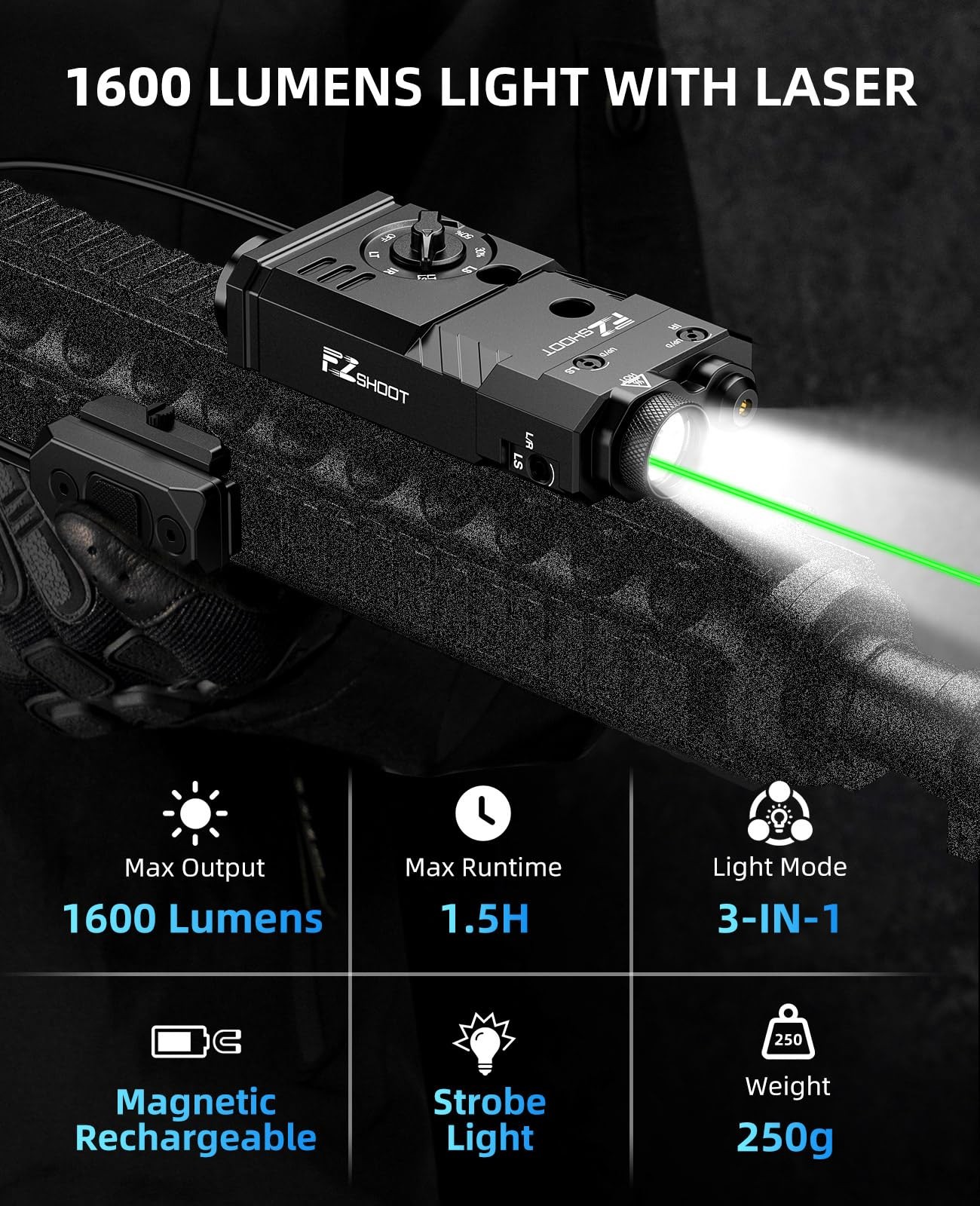 EZshoot 1600 Lumens Rifle Light Laser IR 3-in-1 Combo, Ar Black
