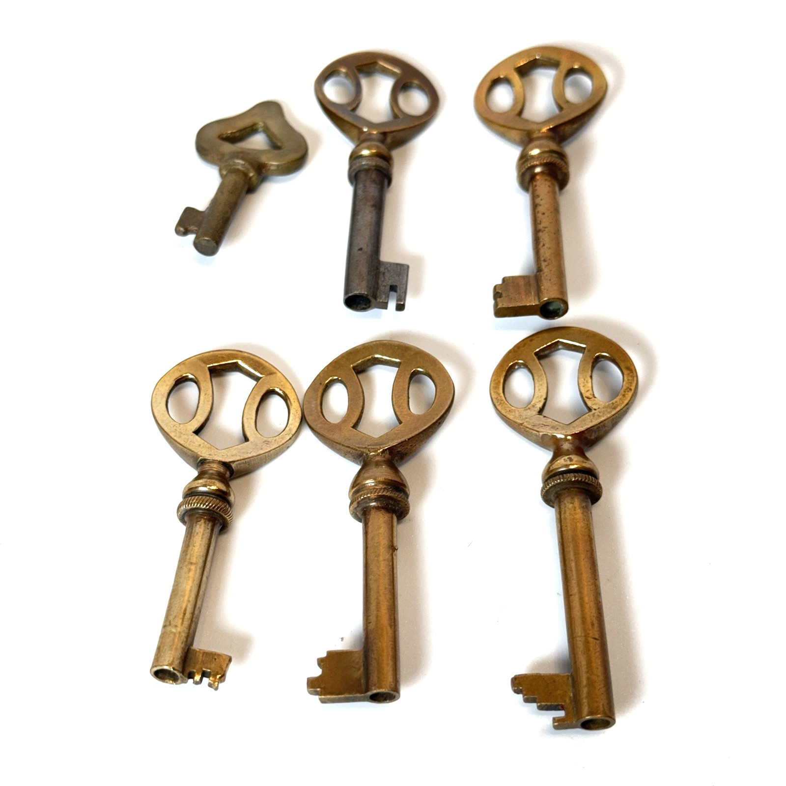 Lot Of 6 Mixed Cabinet Skeleton Keys BRUNSWICK Edison Phonograph Brass Hollow