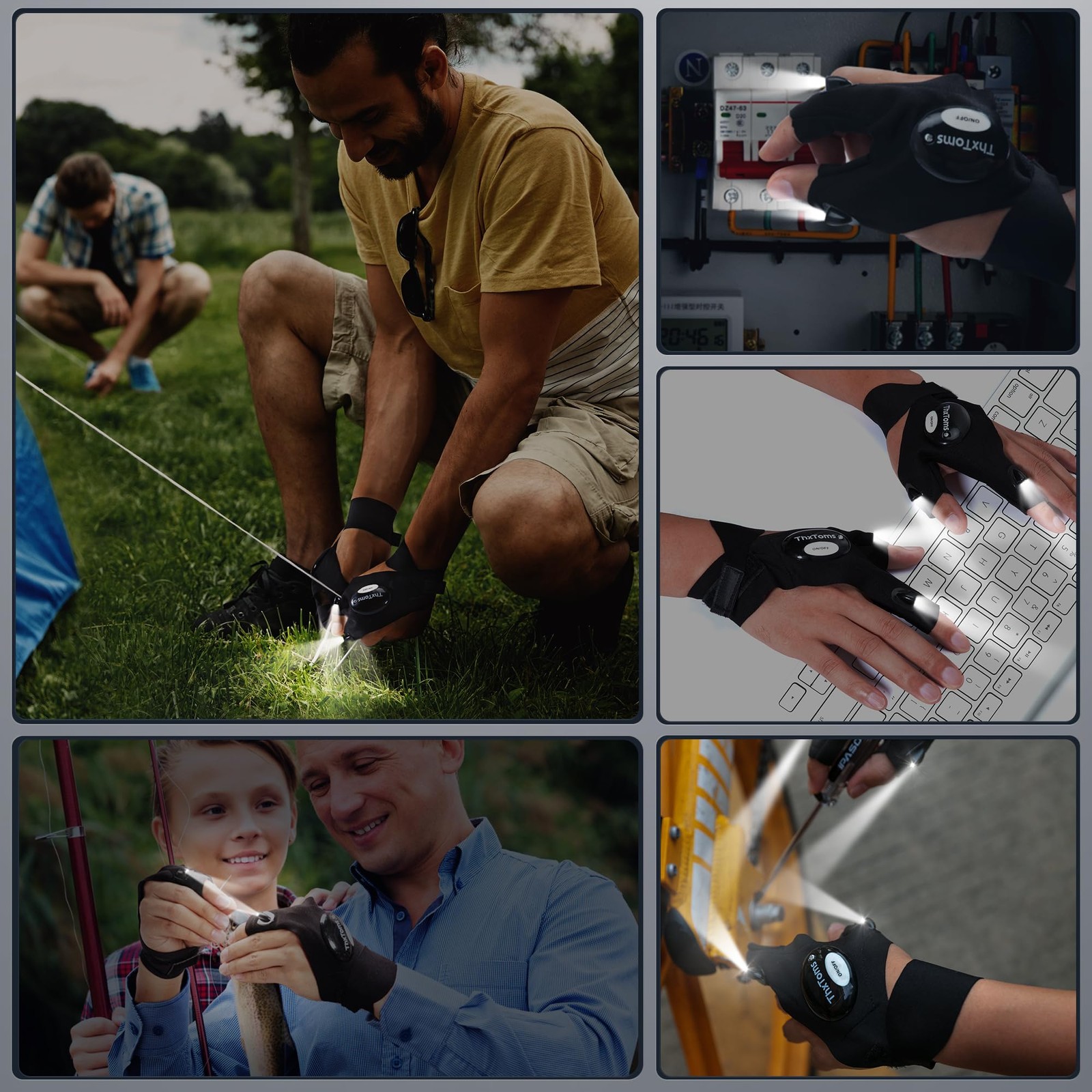ThxToms LED Flashlight Gloves, Father Day Gifts for Husband Dad Black, Black
