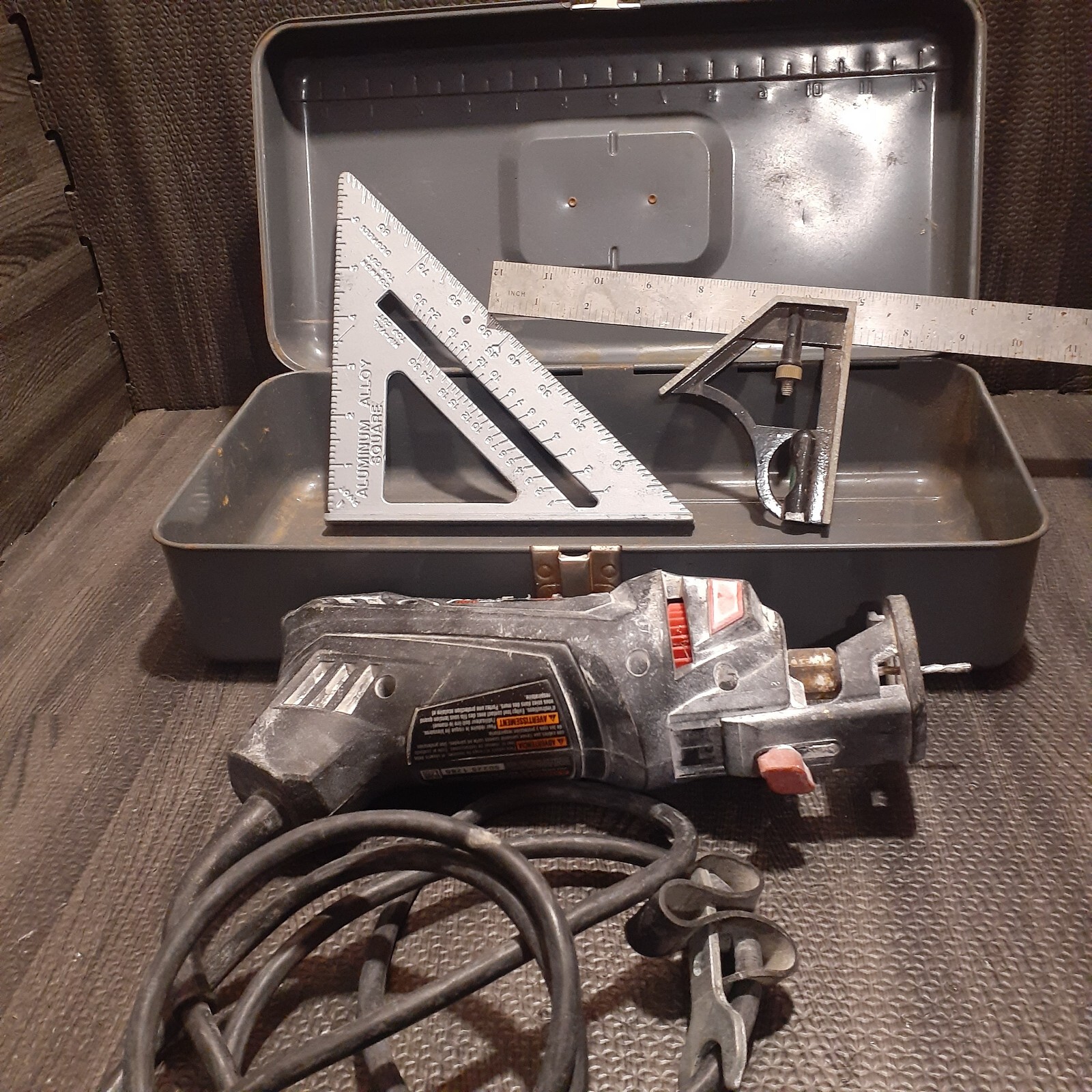 Vintage Tool Box Lot Rotozip Rotosaw & Metal Square Set Roto Zip Chuck Wrench