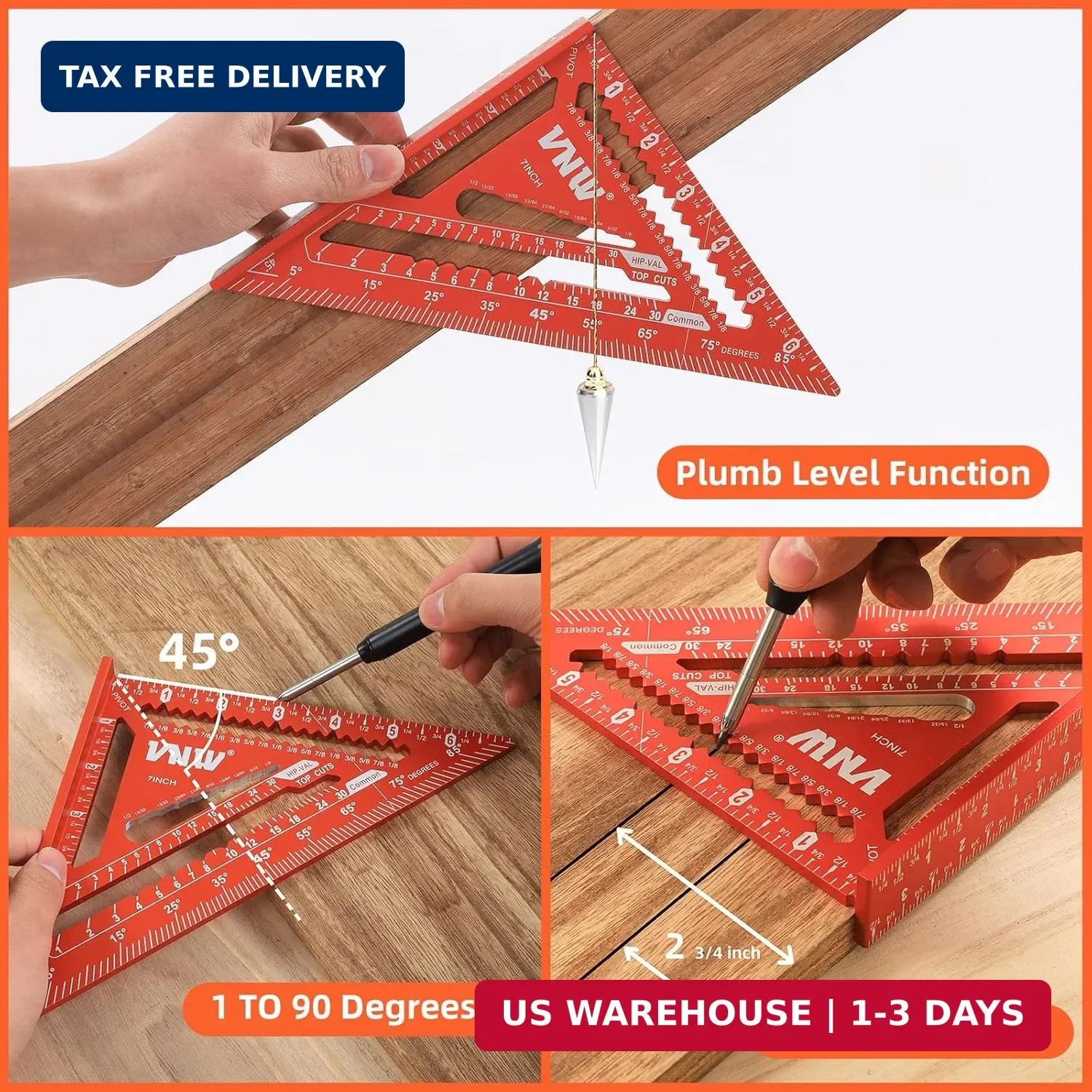 VNW 12inch Zinc Alloy Combination Square and 7inch Aluminum Rafter Square Set wi