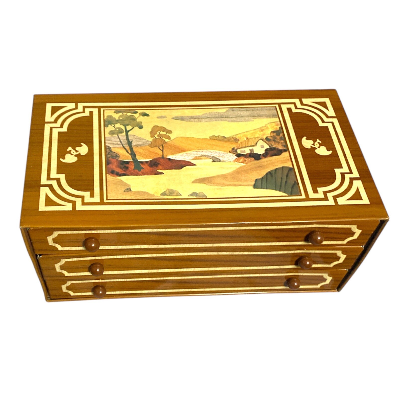 Art Deco 3 Drawers Tin Metal Faux Wood Teak Marquetry Inlay Scenic Birds