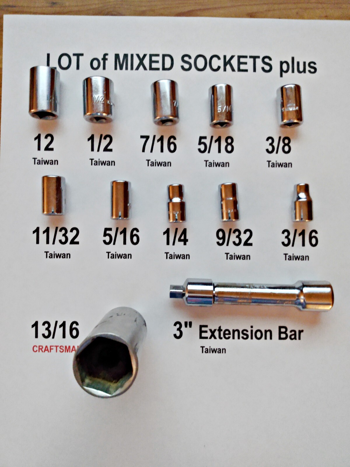 Vintage Mix Sockets x 11 pcs incl 1 Craftsman – plus Extension Bar Pre-Owned