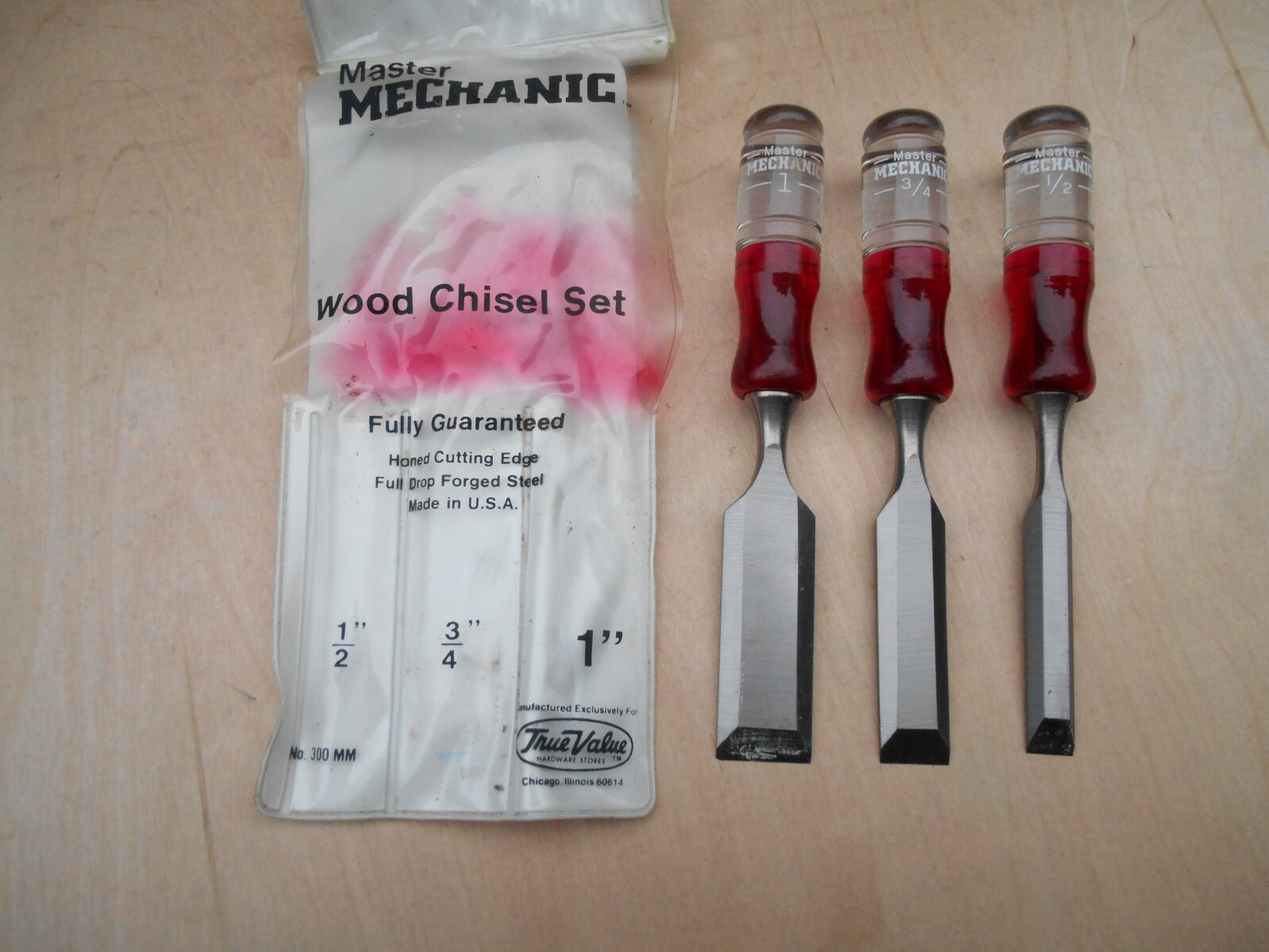 MASTER MECHANIC 3 PIECE WOOD CHISEL SET , NO. 300MM , 1/2″ – 1″ , USA , NOS