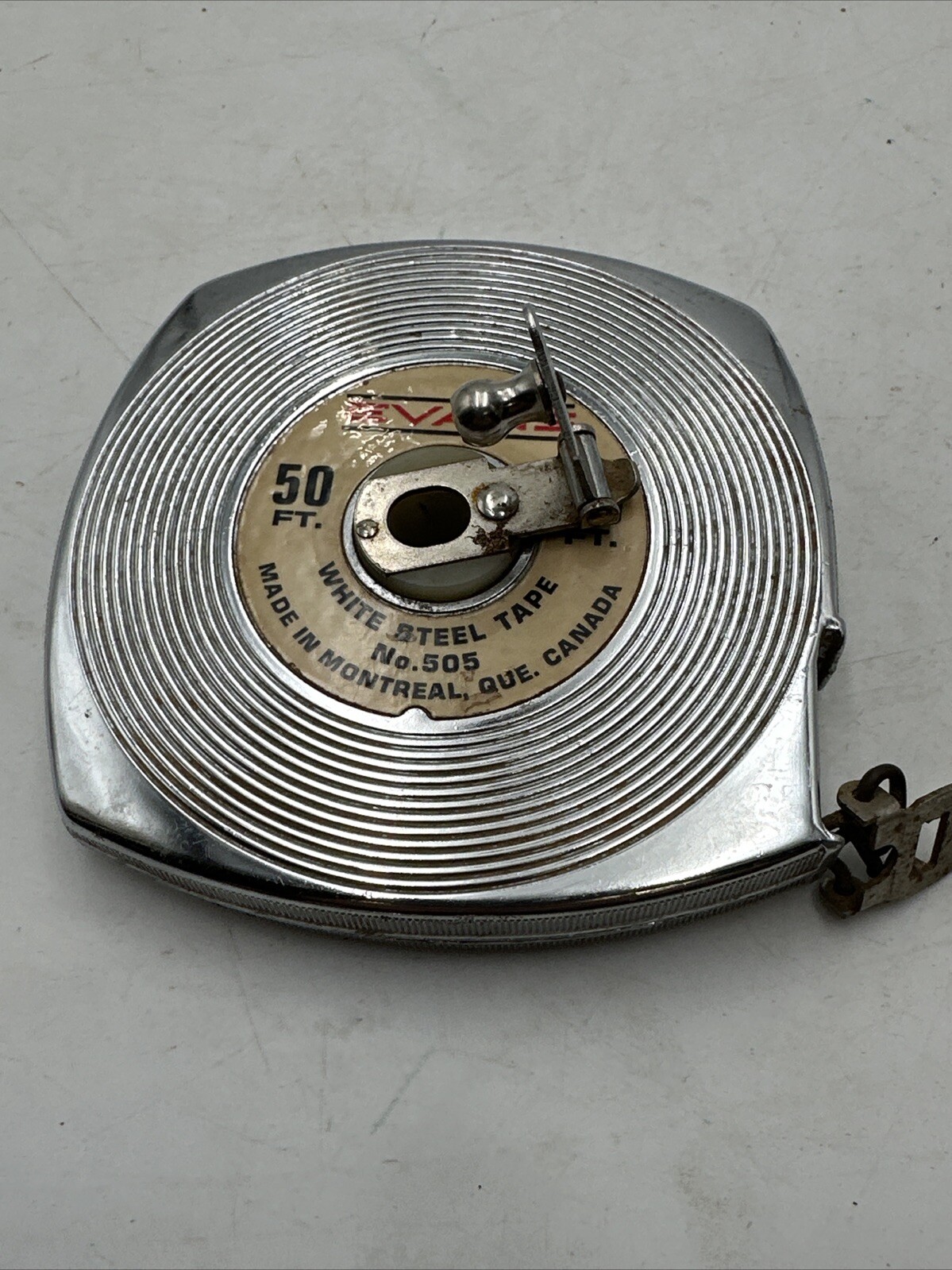Vntg Evans 50 Foot White Steel Tape Measure No. 505 Manual Retract USA Excellent