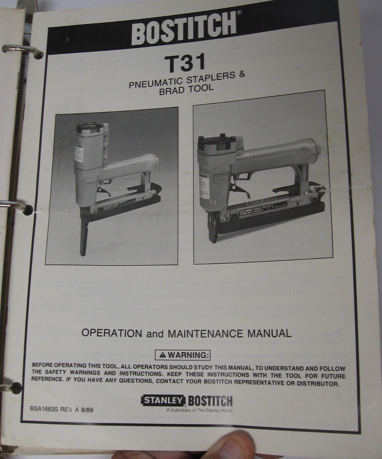 Stanley Bostitch Model T31 Pneumatic Staplers & Brad Tool O&M Manual- #BSA1683S