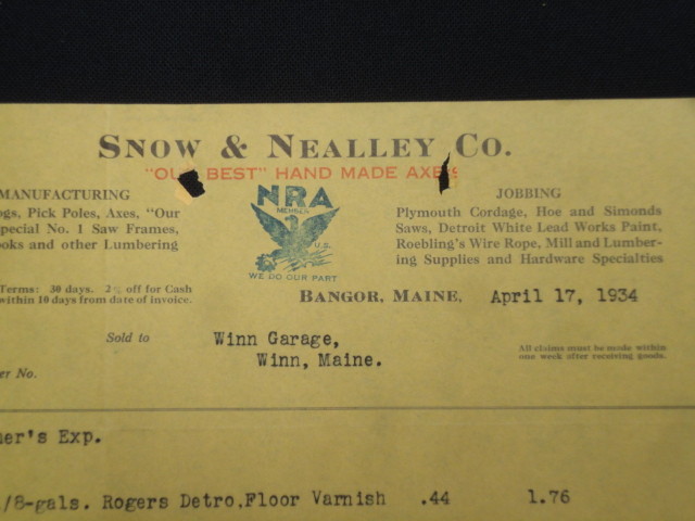 Snow & Nealley Co Bangor Maine ME NRA 1934 Billhead Letterhead Logging Tool ‘E’