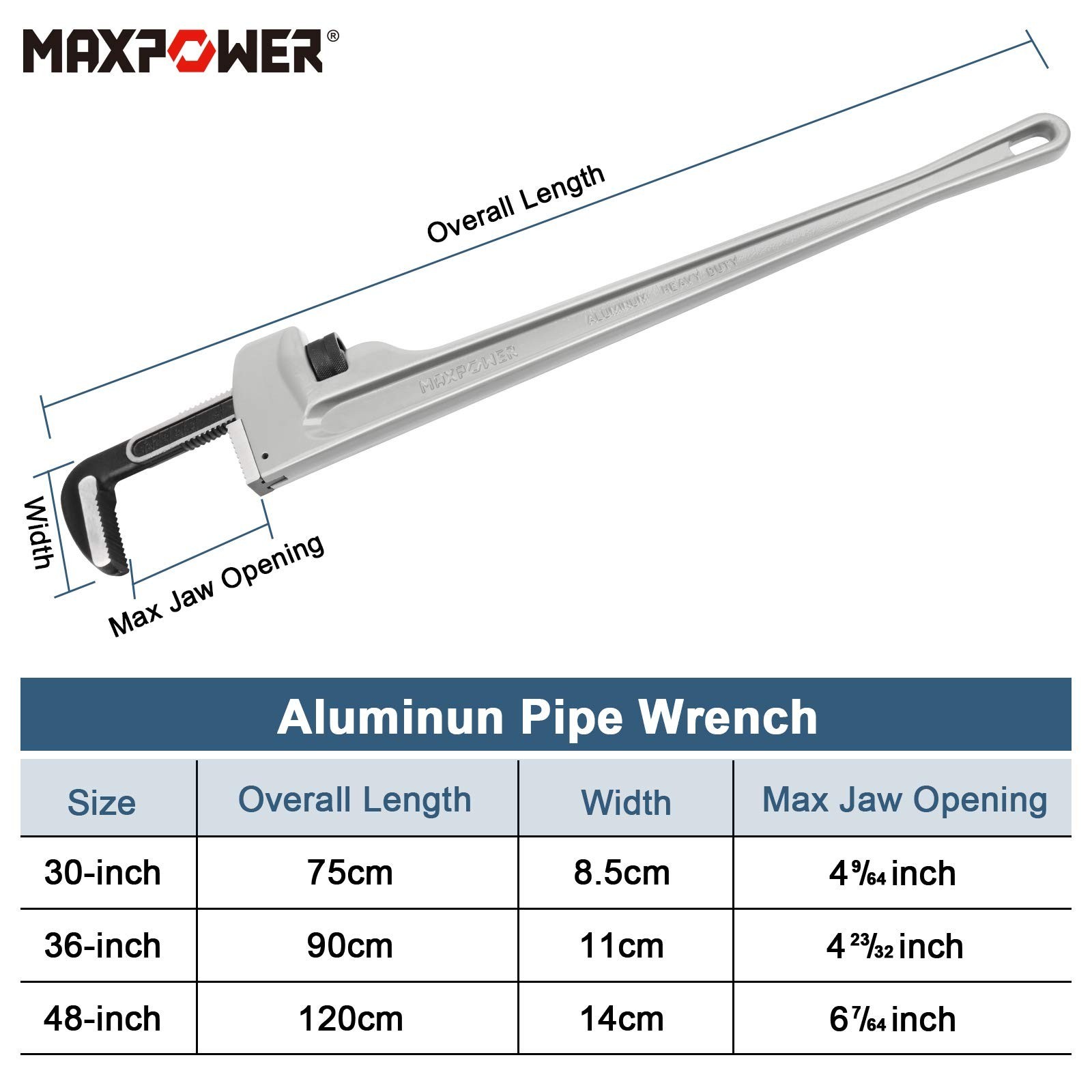 MAXPOWER 36-inch Pipe Wrench, Heavy Duty Straight Pipe Wrench Aluminum Plumbe…