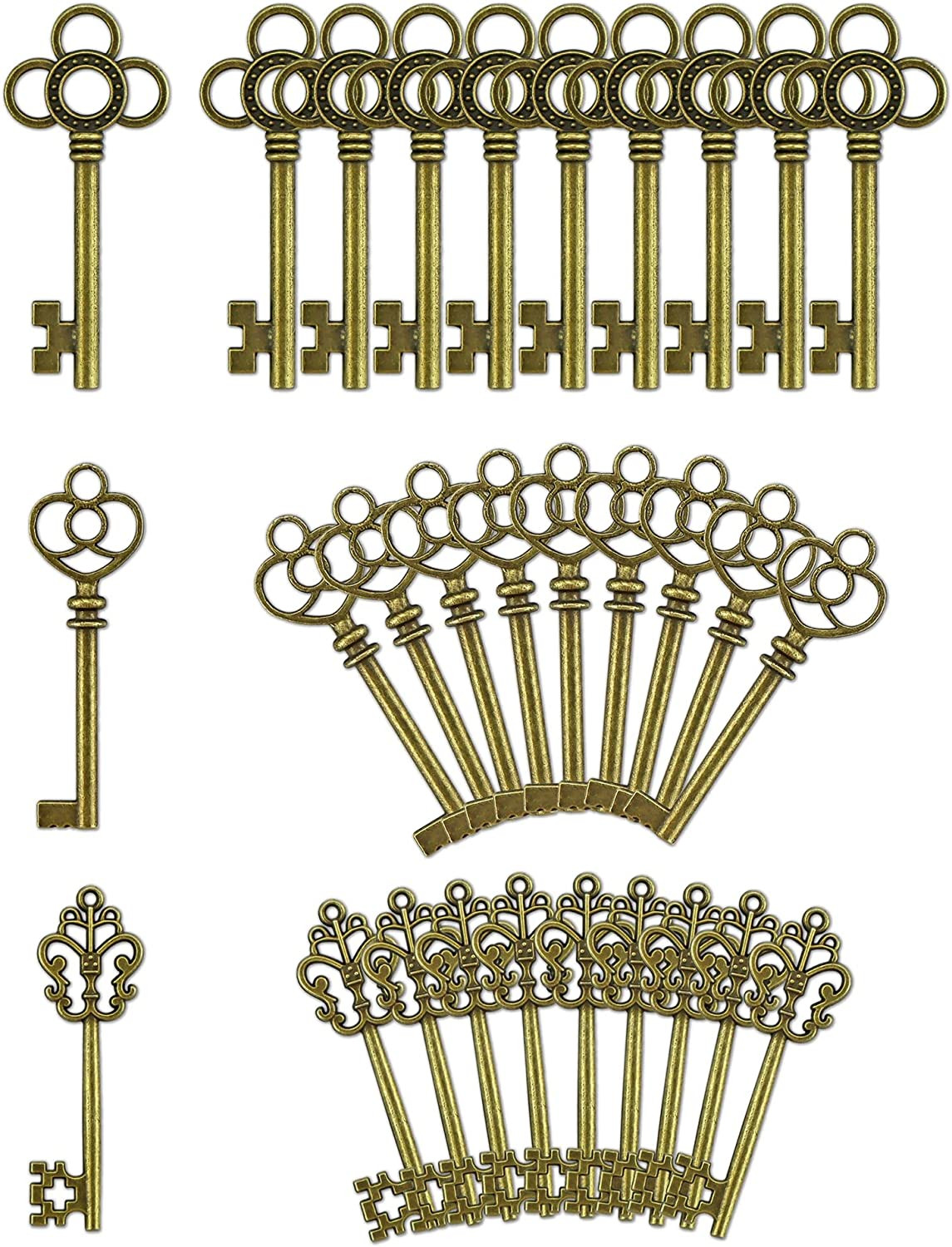 30 PCS Vintage Skeleton Key Set Charms in Antique Bronze for DIY Jewelry