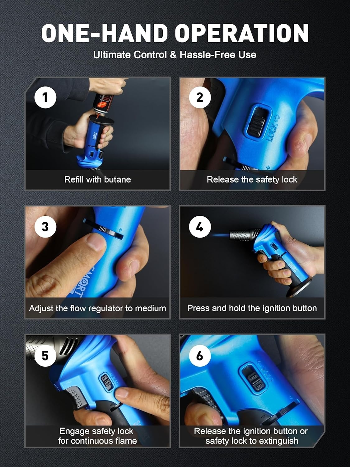 SMART JERRY Mini Torch Gun Butane Torch Lighter Refillable Safety Lock Max 1500℃