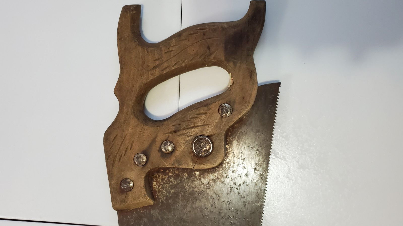 Vintage Antique Hand Saw Warranted Superior Carved Design Initial Signed America