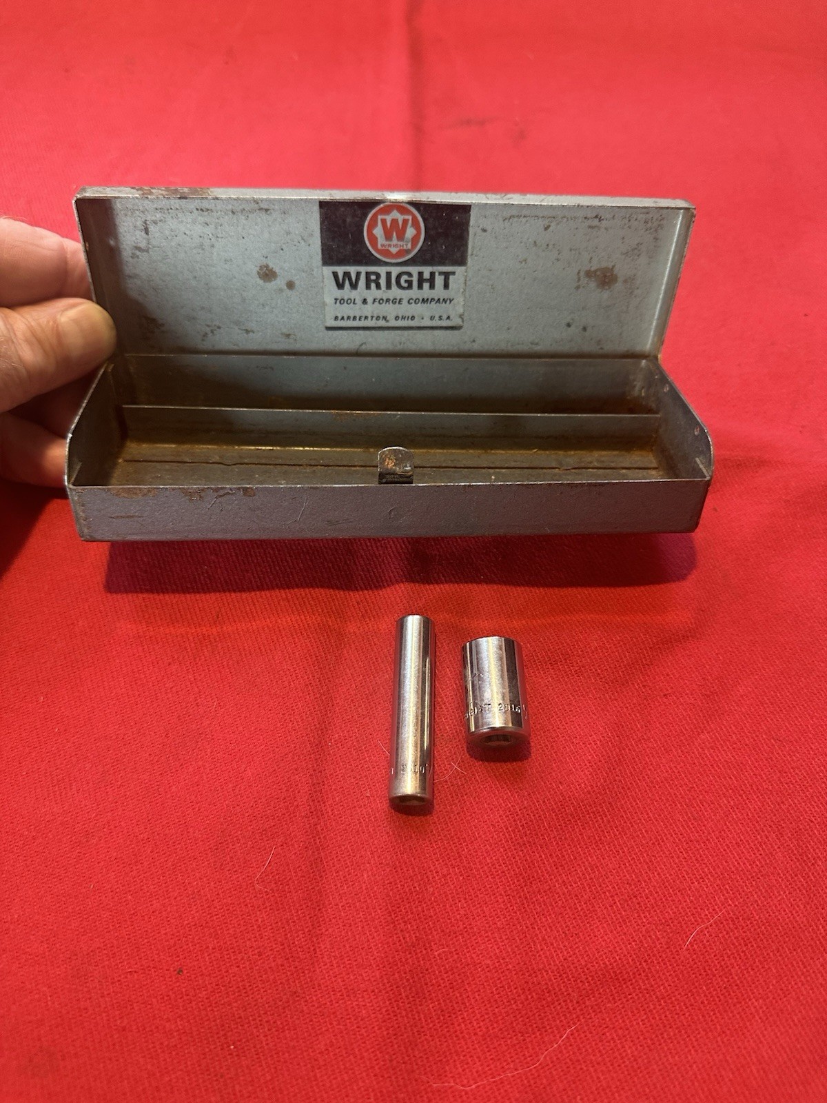 WRIGHT 1/4” METAL STORAGE BOX AND 2 SOCKETS 1/2” SHALLOW & 5/16” DEEP USA MADE