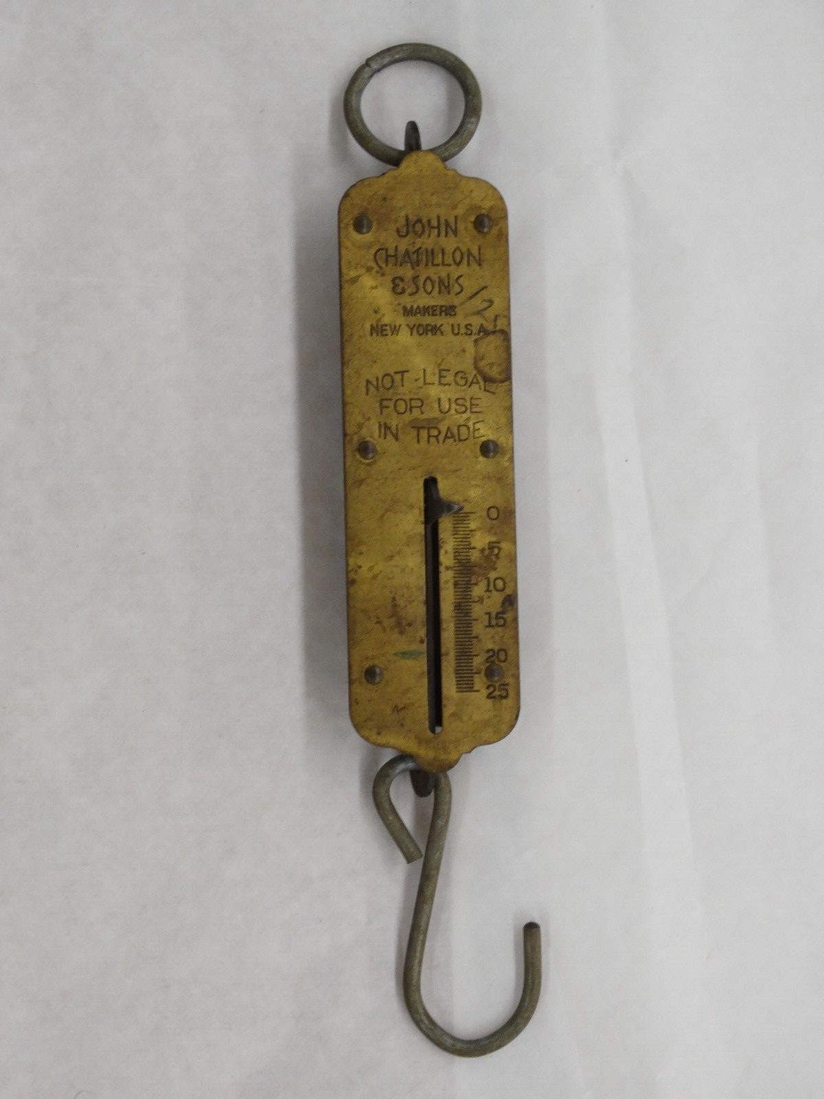 VTG John Chatillon &Sons Brass Spring Balance 25lb Hanging Scale New York USA