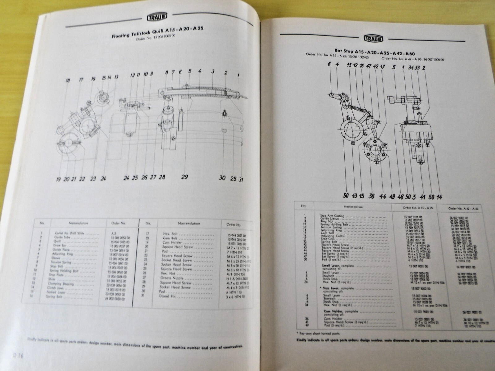 Vtg Traub Lathe Model A15 A20 A25 A42 A60 Spare Parts List