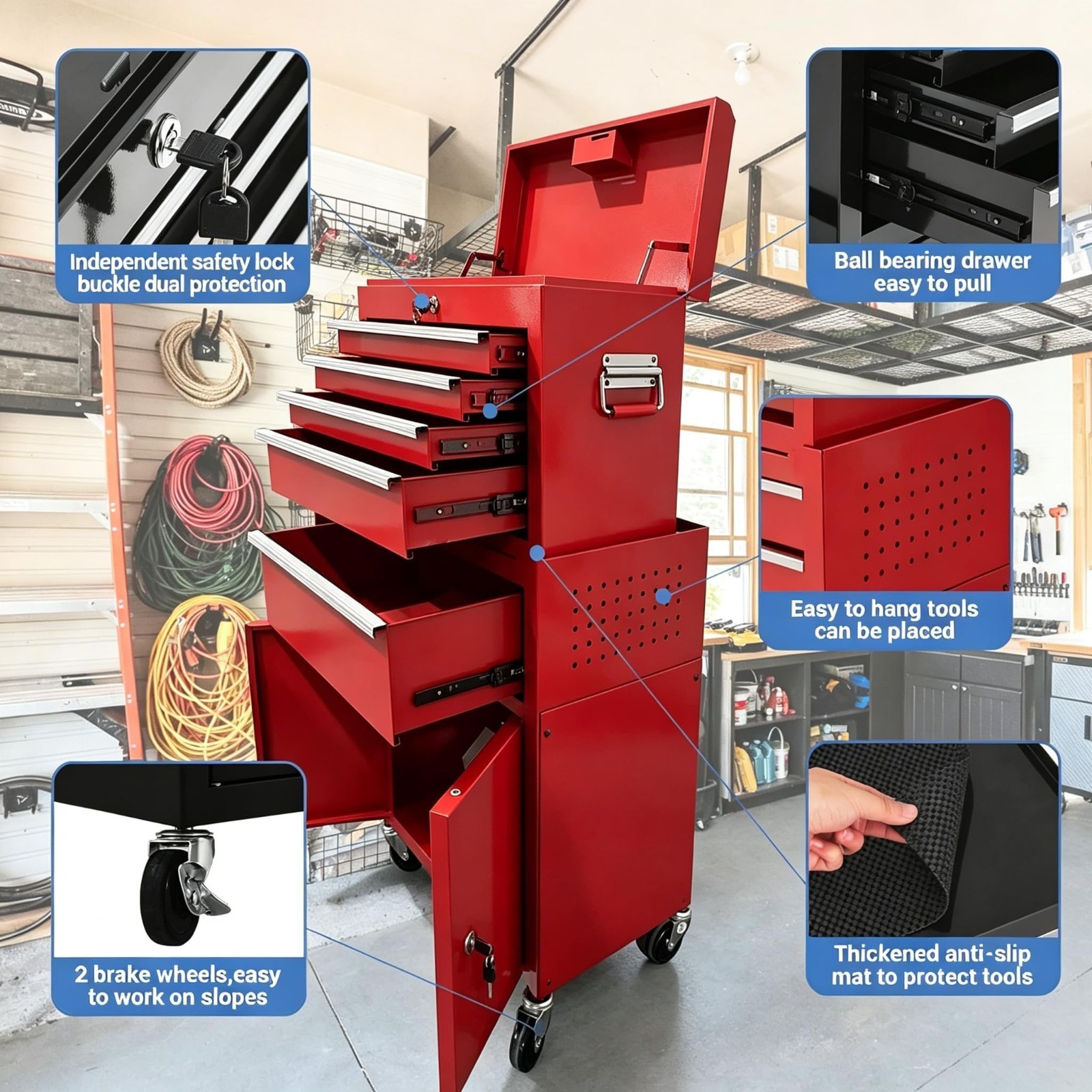 5-Drawer Rolling Tool Chest Storage Cabinet with Detachable Top for Warehouse