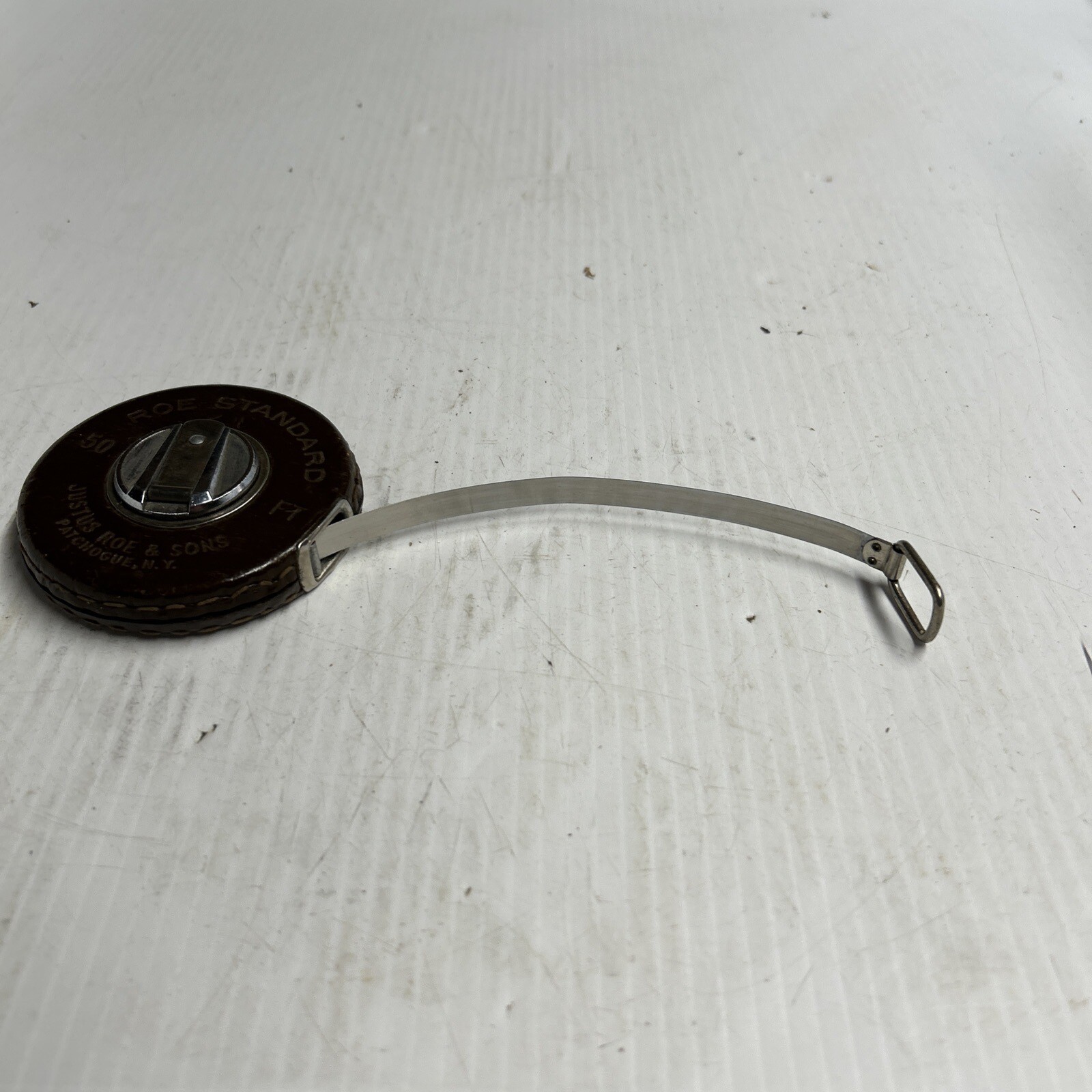 Vintage Justus Roe Sons Leather Wrapped Standard 50 FT Steel Tape Measure NY USA