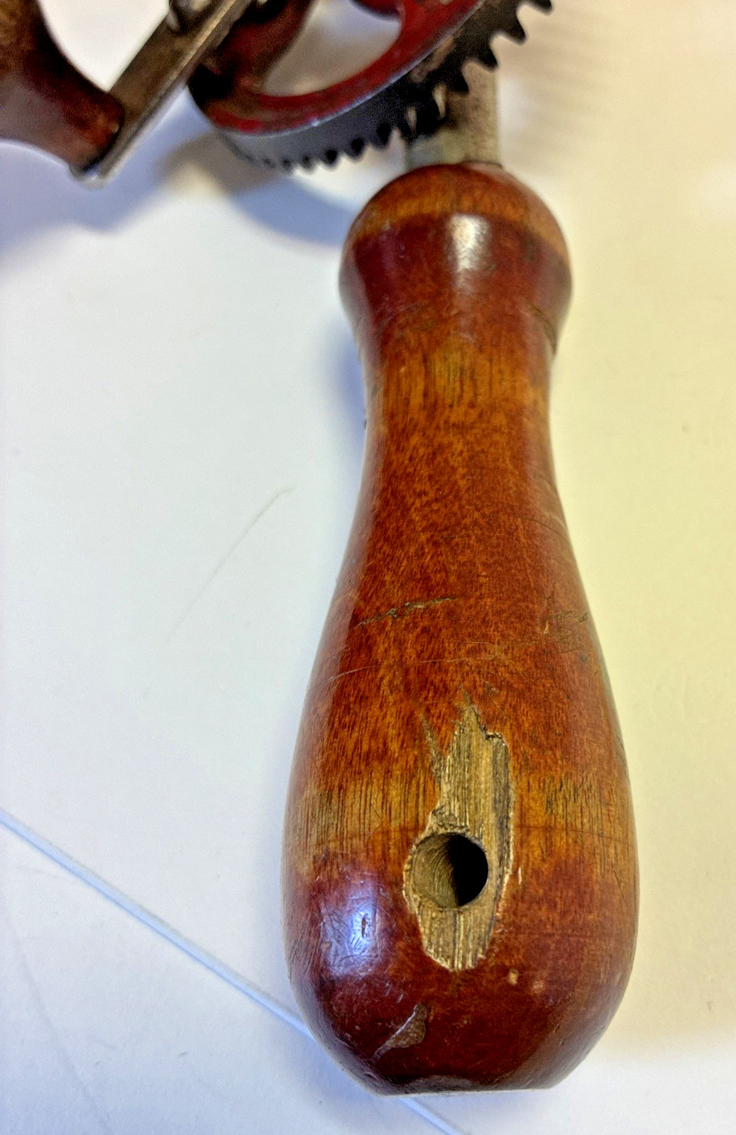 Vintage Hand Drill Wood Handle Eggbeater Style – Unmarked Manual Red Gear Drill