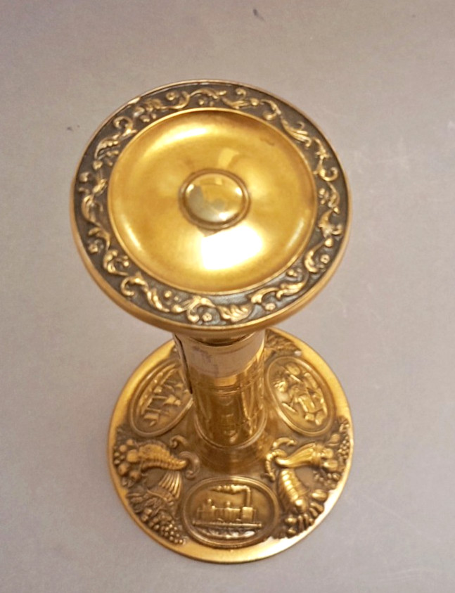 RARE ANTIQUE VICTORIAN BRASS PICTORIAL BASE CANDLESTICK POSTAL/LETTER SCALES