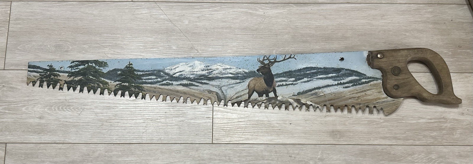 Vtg Elk & Snow Capped Mountain Hand Painted ~ Warranted Superior Saw ~ Folk Art