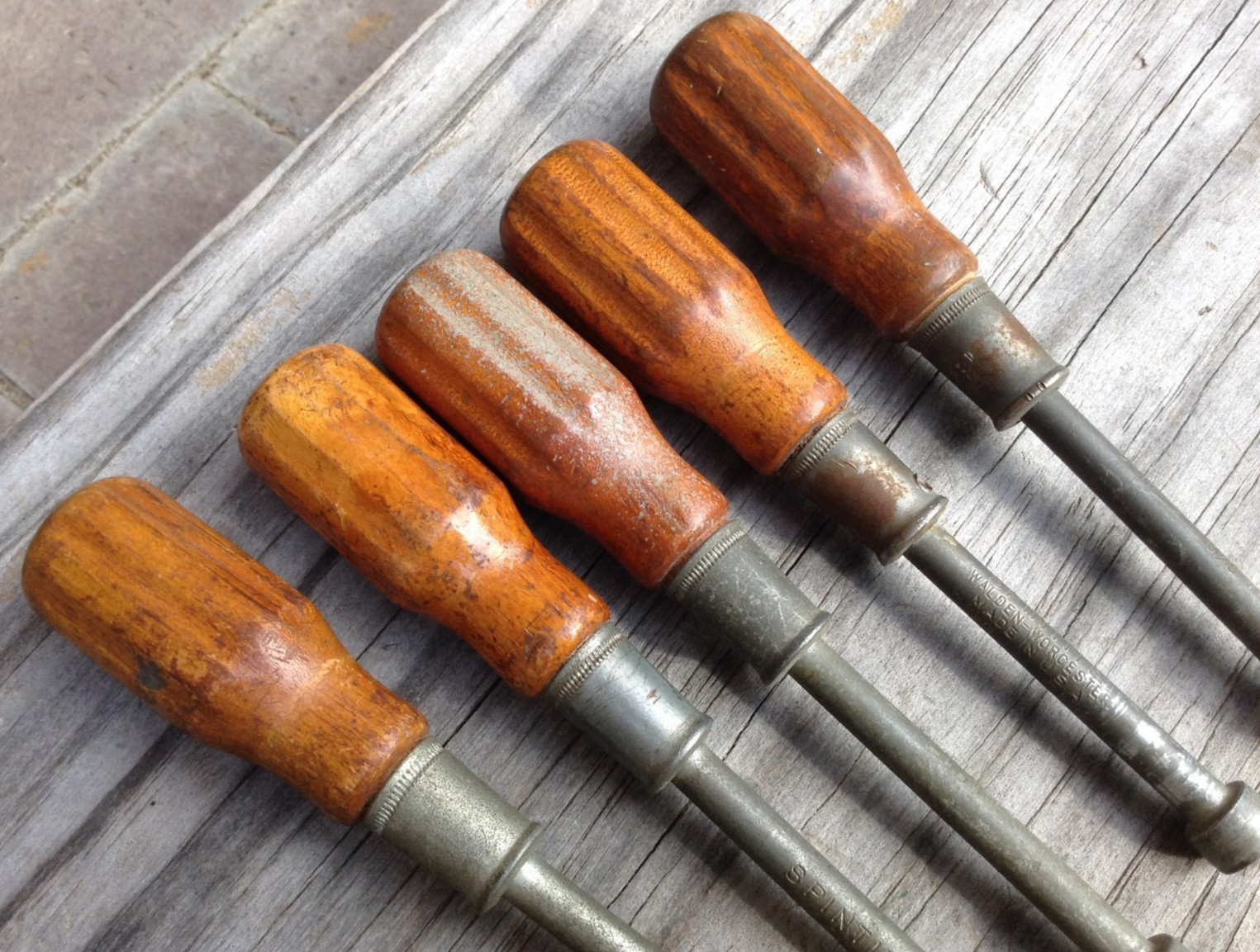 Vintage Spintite Walden Worcester nut drivers set of 5 SAE sizes wood handle USA